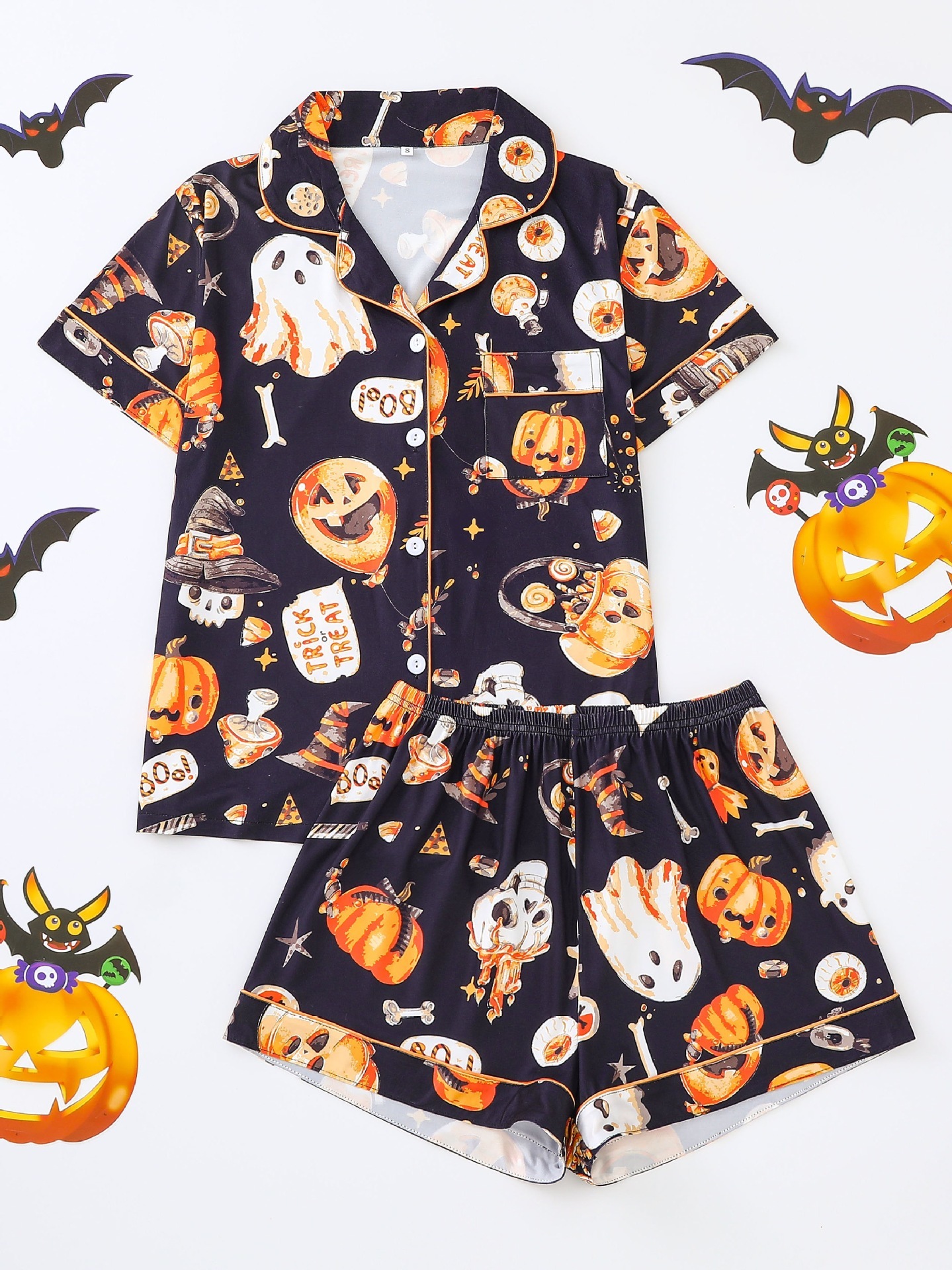 Women’s Halloween Print Pajama Set – Short Sleeve Button-Down Top and Shorts Lounge Wear