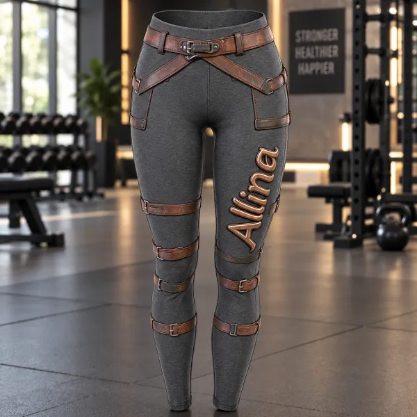Custom 3D Metallic Name High-Waisted Buckle Leggings - Edgy Sculpting Activewear