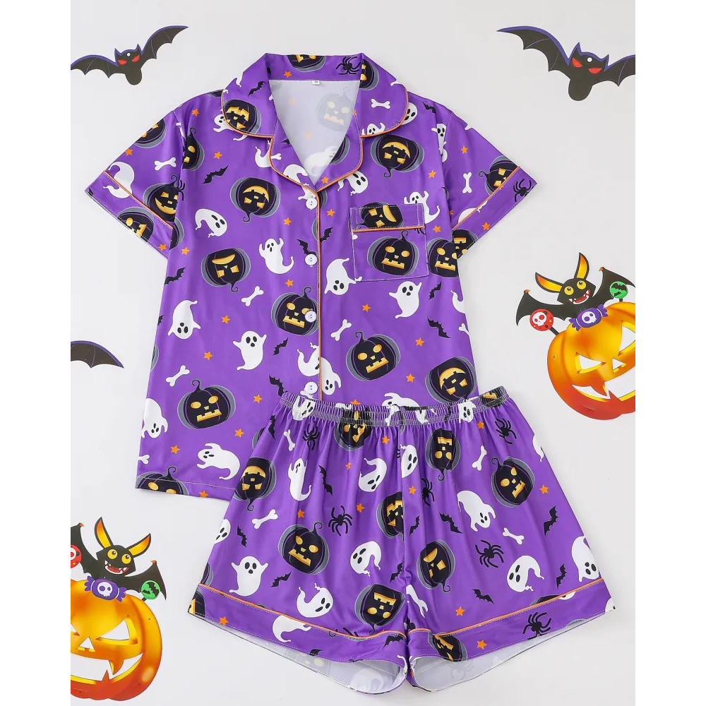 Women’s Halloween Print Pajama Set – Short Sleeve Button-Down Top and Shorts Lounge Wear