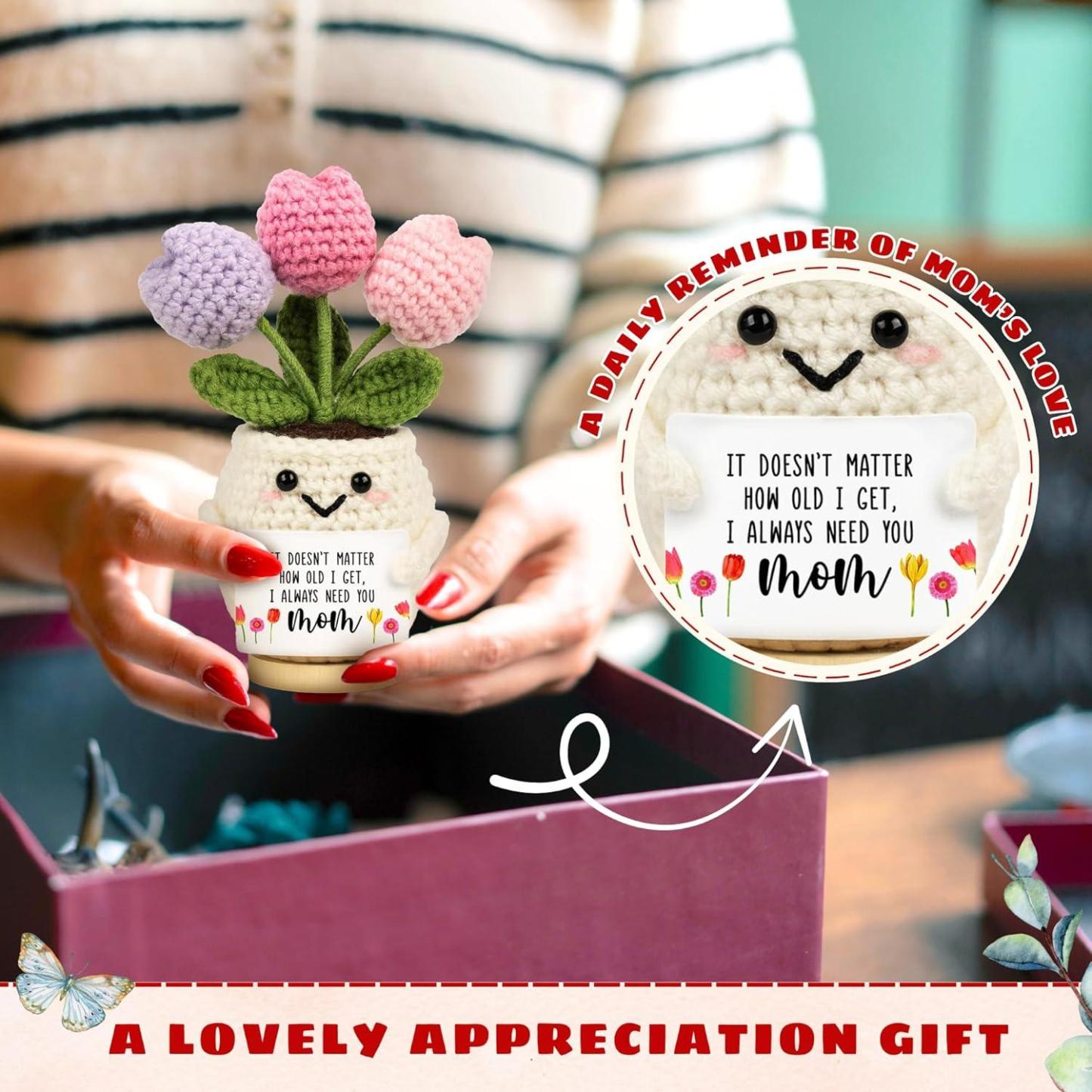 Gifts for Mom from Daughter Son - Cute Mothers Day, Birthday Gifts for Moms, Mother, Mama - 5.51'' x 4.13'' Mother's Day Knitted Positive Tulip Flowers Mom Crochet Doll