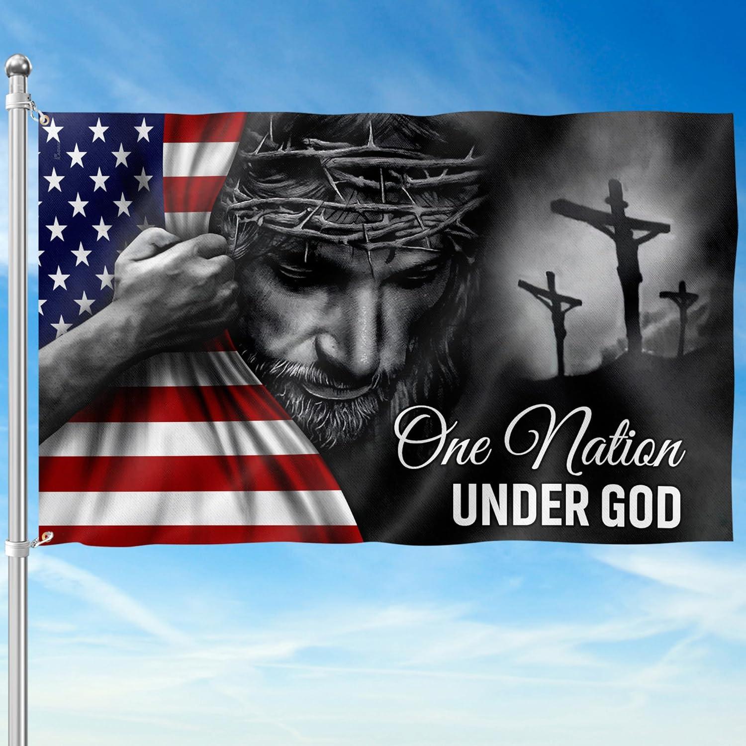 Patriot American Flags, One Nation Under God American Jesus Flag, Decorations For Home, Outside, Independence Day House Flag, Patriot Decorations - Outdoor Decor Flag with Grommets
