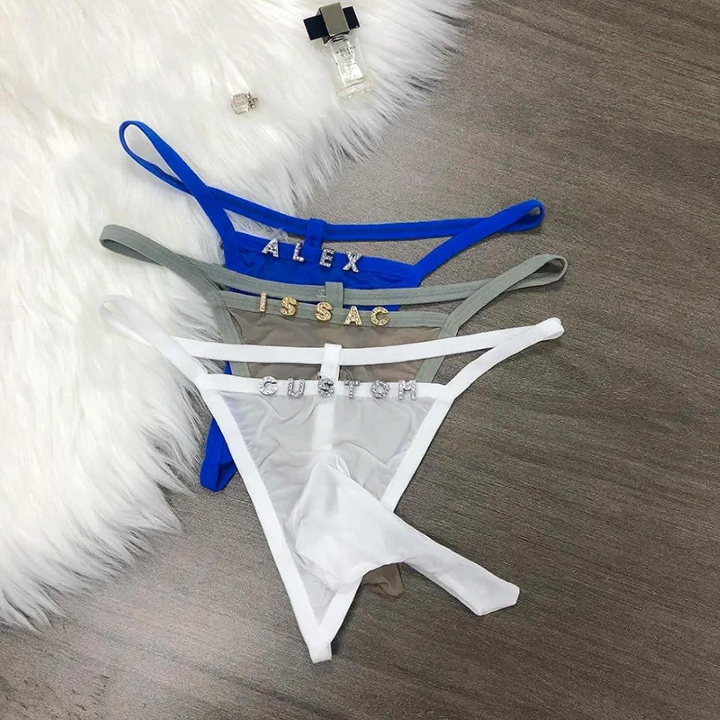 Men'S Low Rise G-String Thong Personalized Name Letter Diy Rhinestone Thong String For Men, Mesh Bulge Pouch U