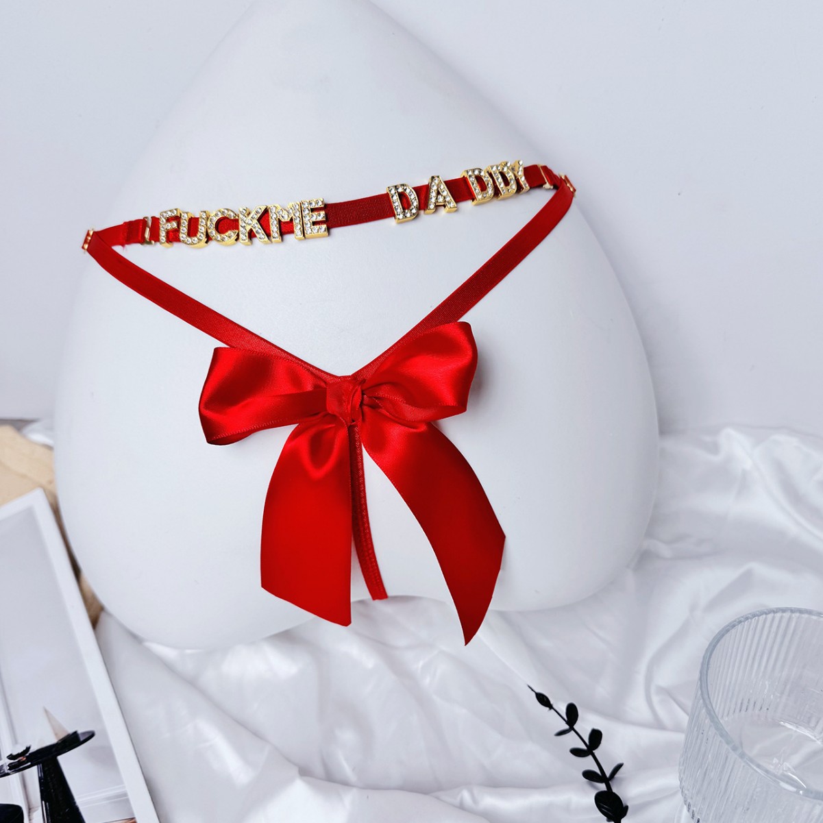 Custom Rhinestone Letter Name Women's Sexy Thong - Sheer Heart-Patterned Panties