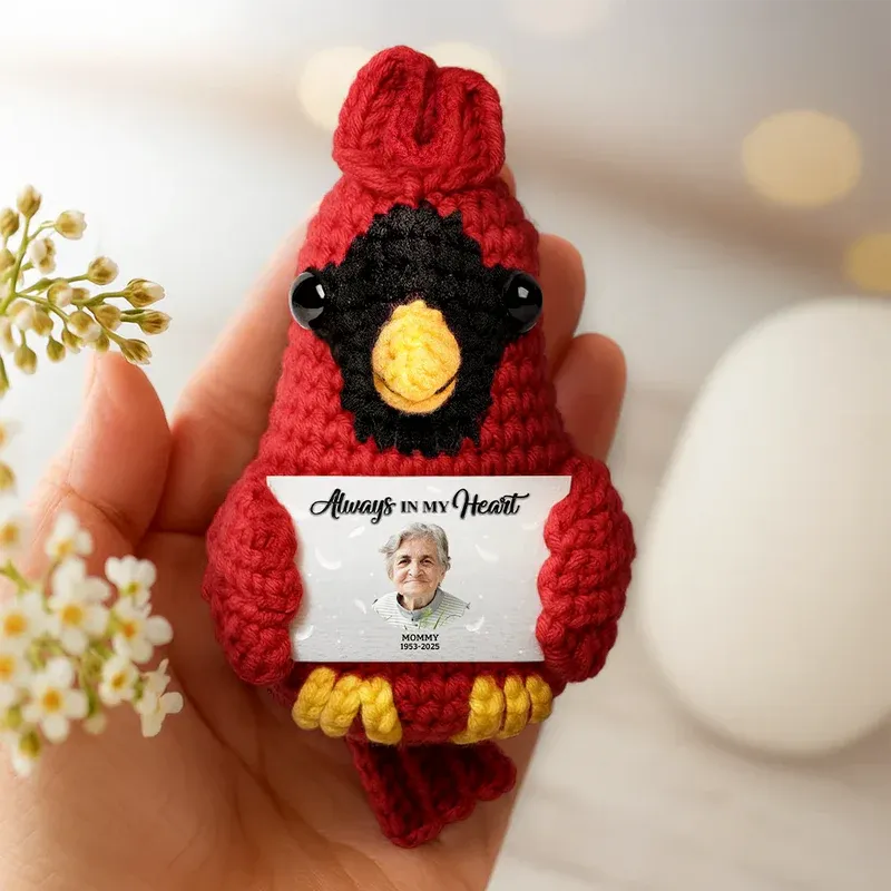 Custom Photo Memorial Always In Our Heart - Personalized Crochet Cardinal Bird Hanging Decoration