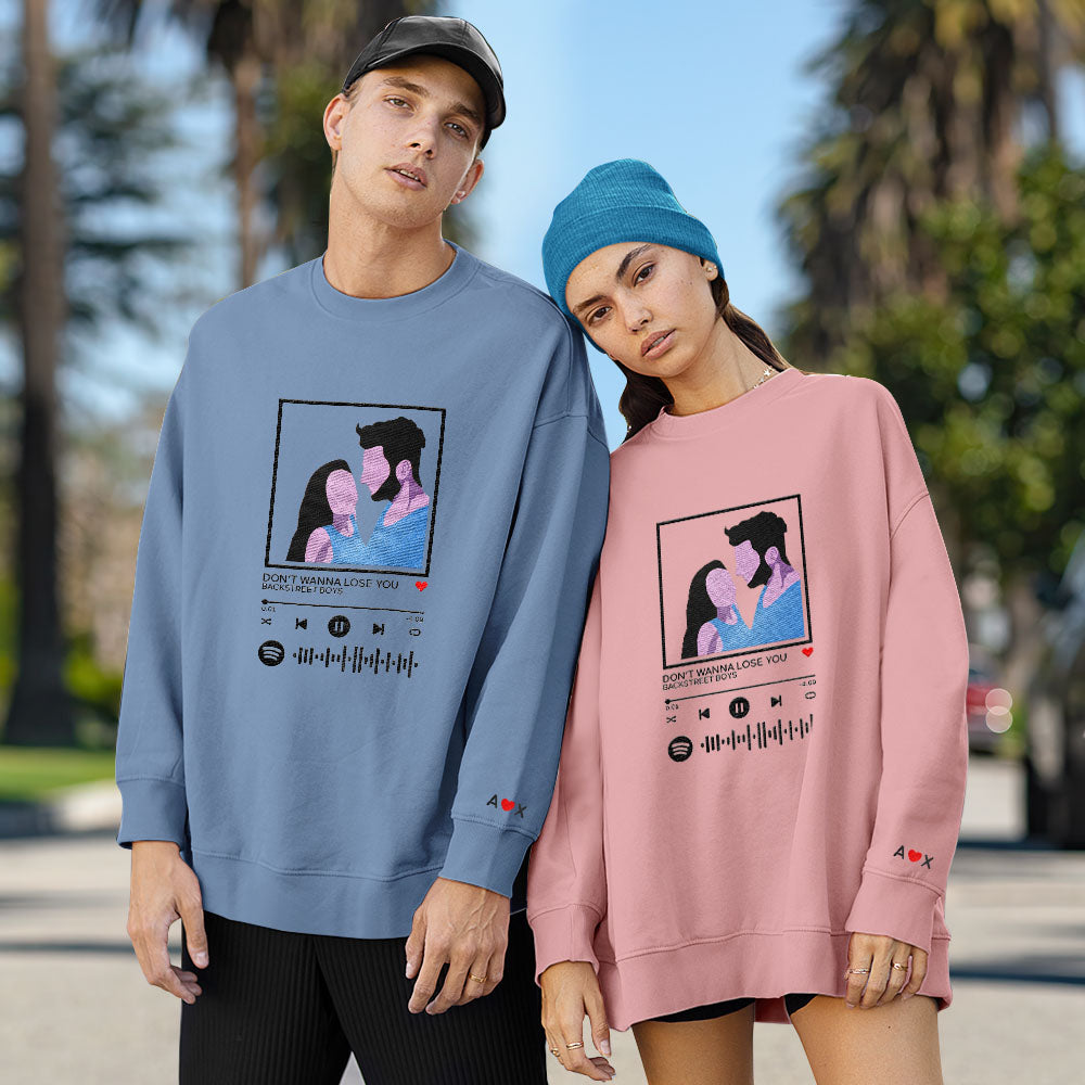 Scannable Spotify Code Embroidered Sweatshirt Round Neck Cartoon Image Music Player Couple Gift - MyFaceBoxer