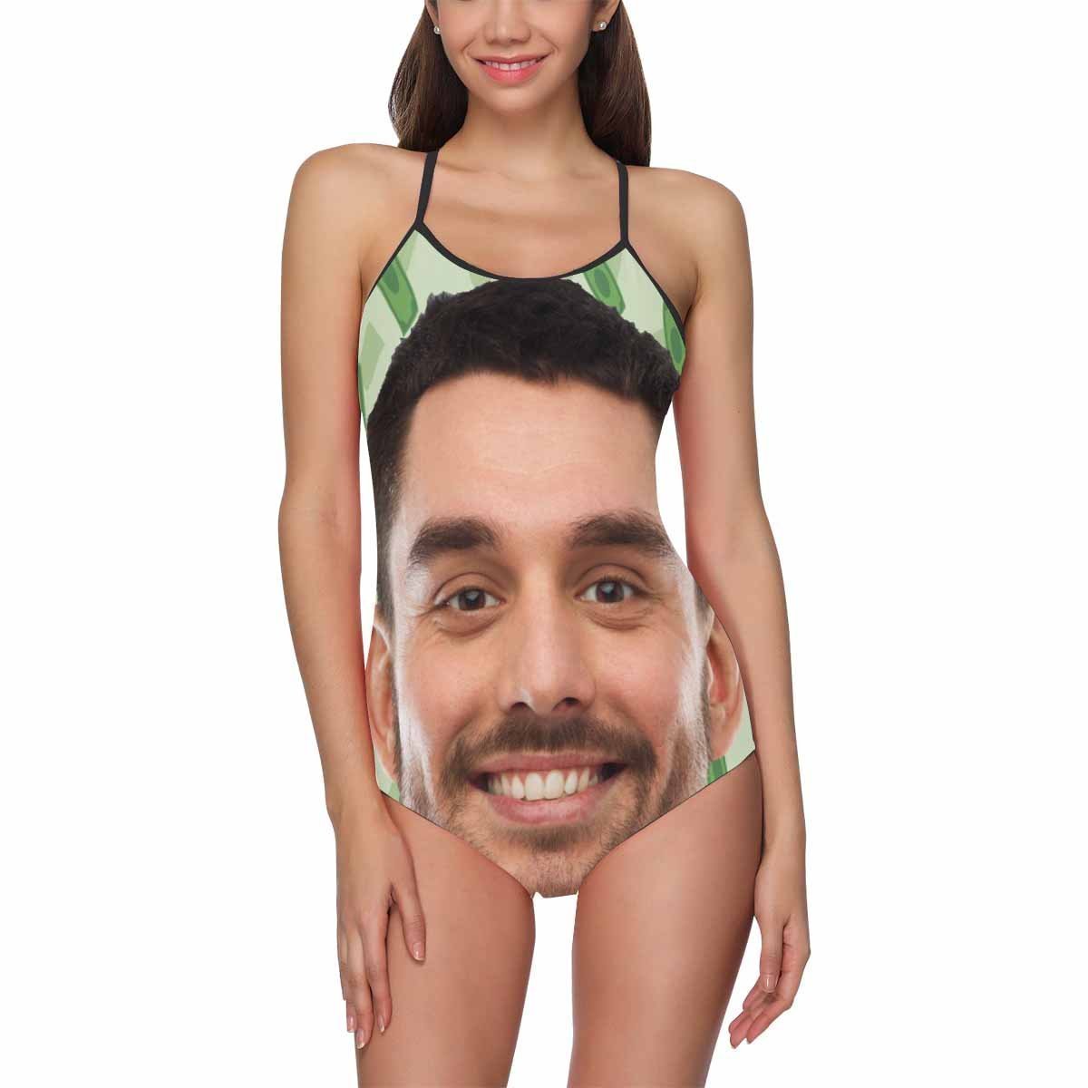 Custom Face Swimwear Women's Photo Slip One Piece Swimsuit - Green Background - MyFaceBoxer