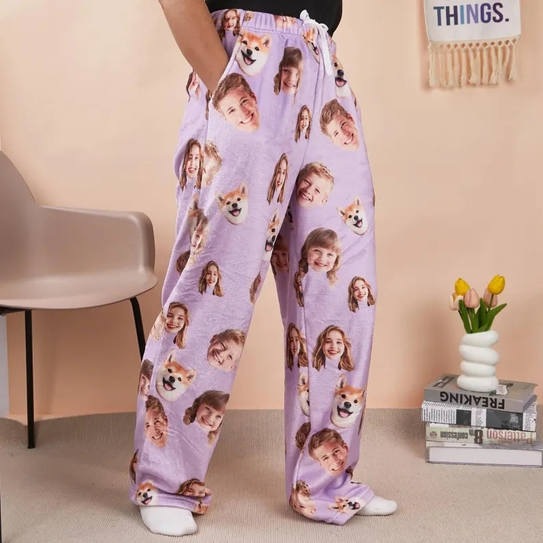 Personalized Photo Pajama Pants Coral Fleece Customized Face Pajama Pants For Couples
