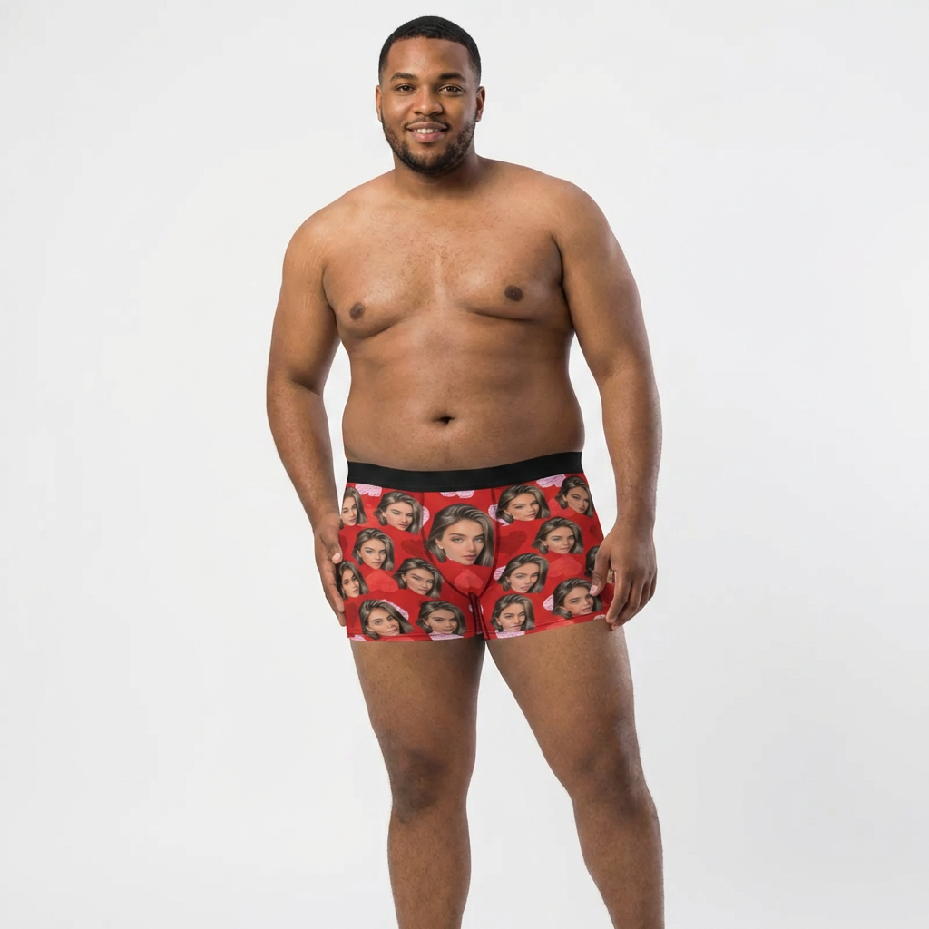 Custom Big Face Boxer Shorts Personalized Colorful Waistband Red Boxer Briefs Red and Pink Hearts Gifts For Boyfriend