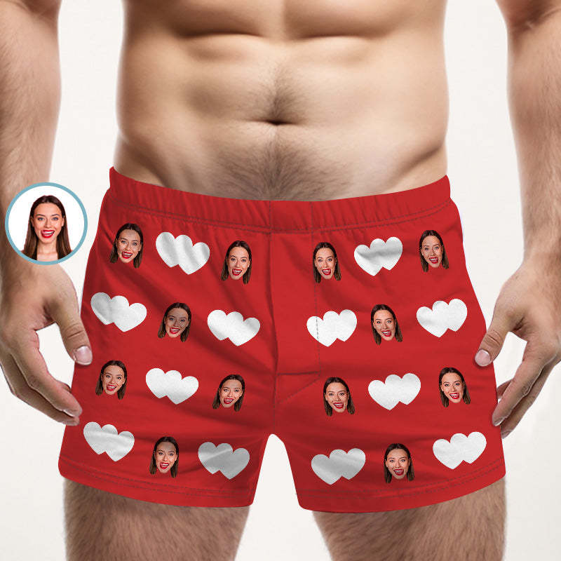 Custom Face Multicolor Boxer Shorts Red Heart Personalized Photo Underwear Gift for Him - MyFaceBoxer