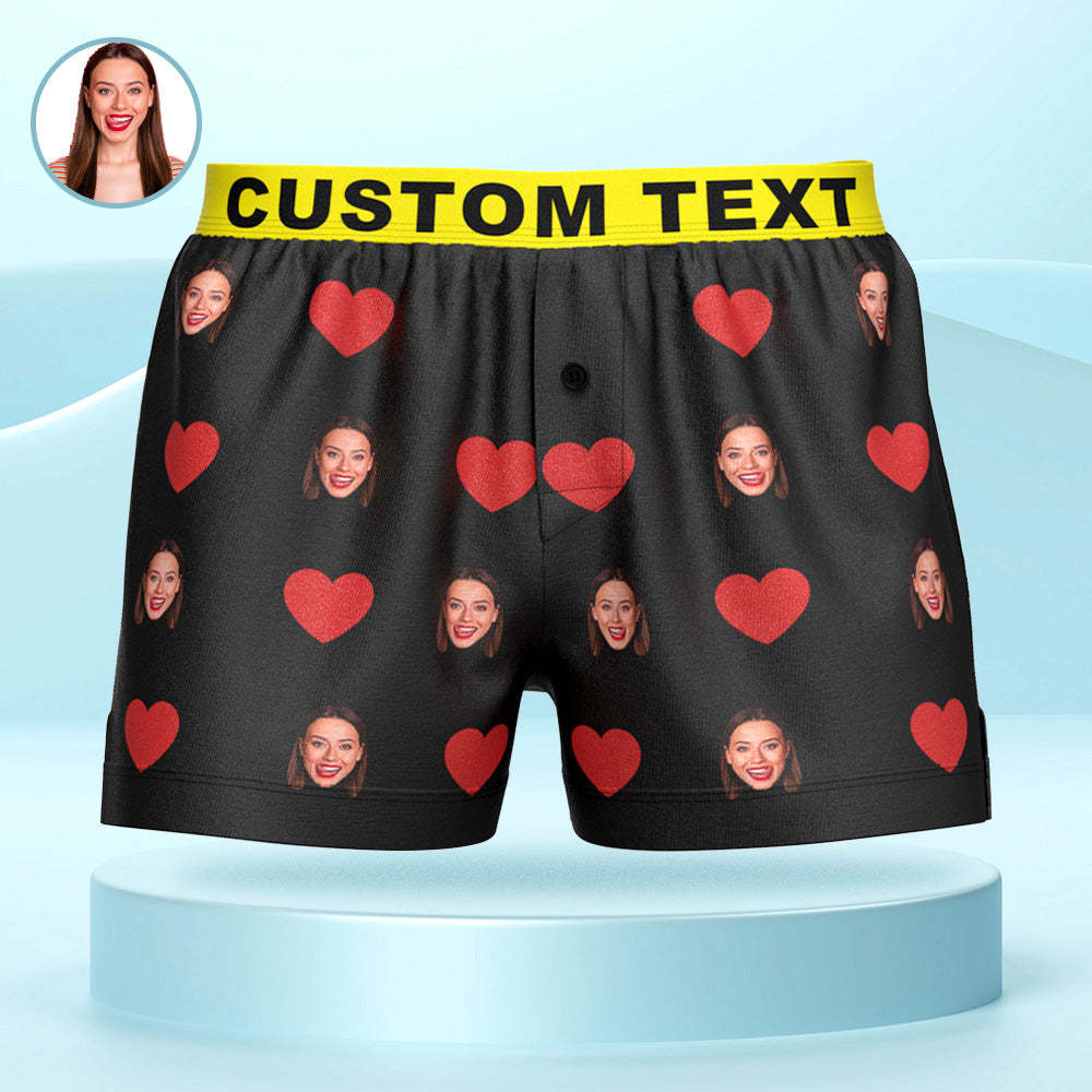 Custom Face Red Heart Design Boxer Shorts with Personalized Text on the Waistband Personalized Underwear for Him - MyFaceBoxer