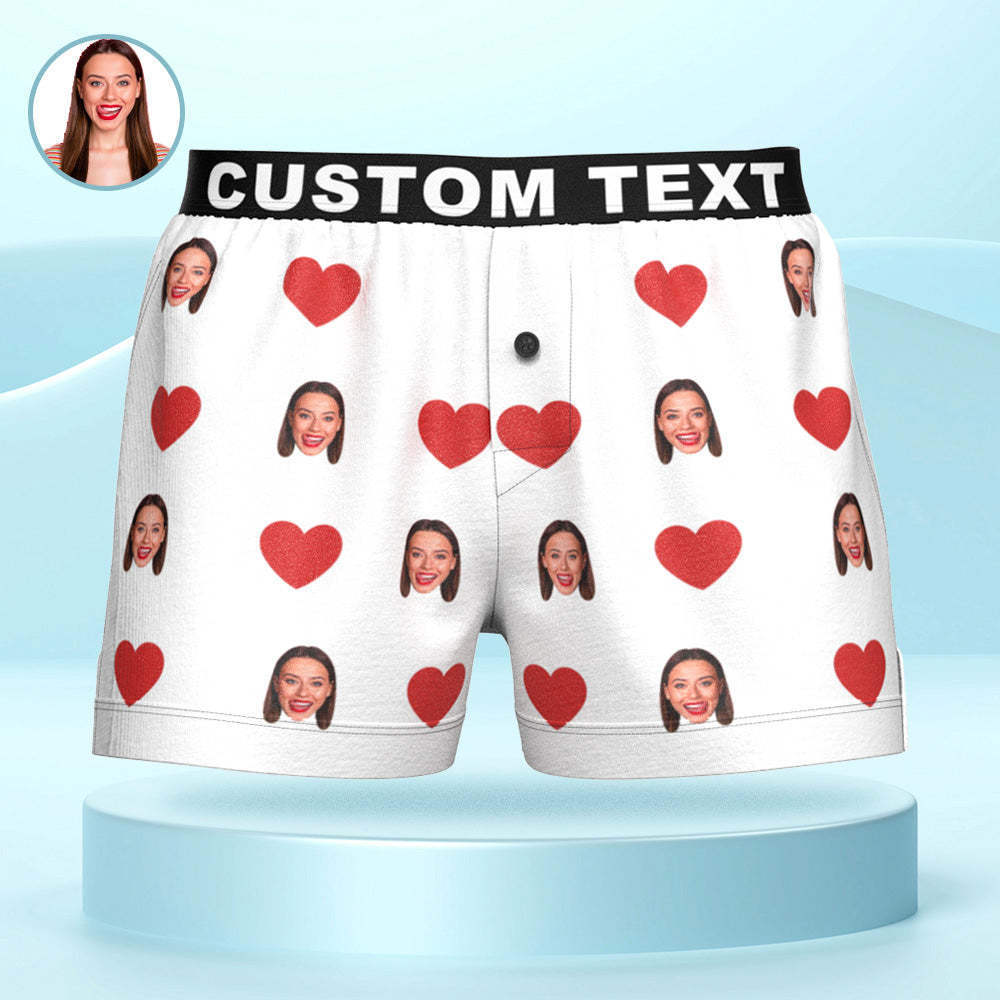 Custom Face Red Heart Design Boxer Shorts with Personalized Text on the Waistband Personalized Underwear for Him - MyFaceBoxer