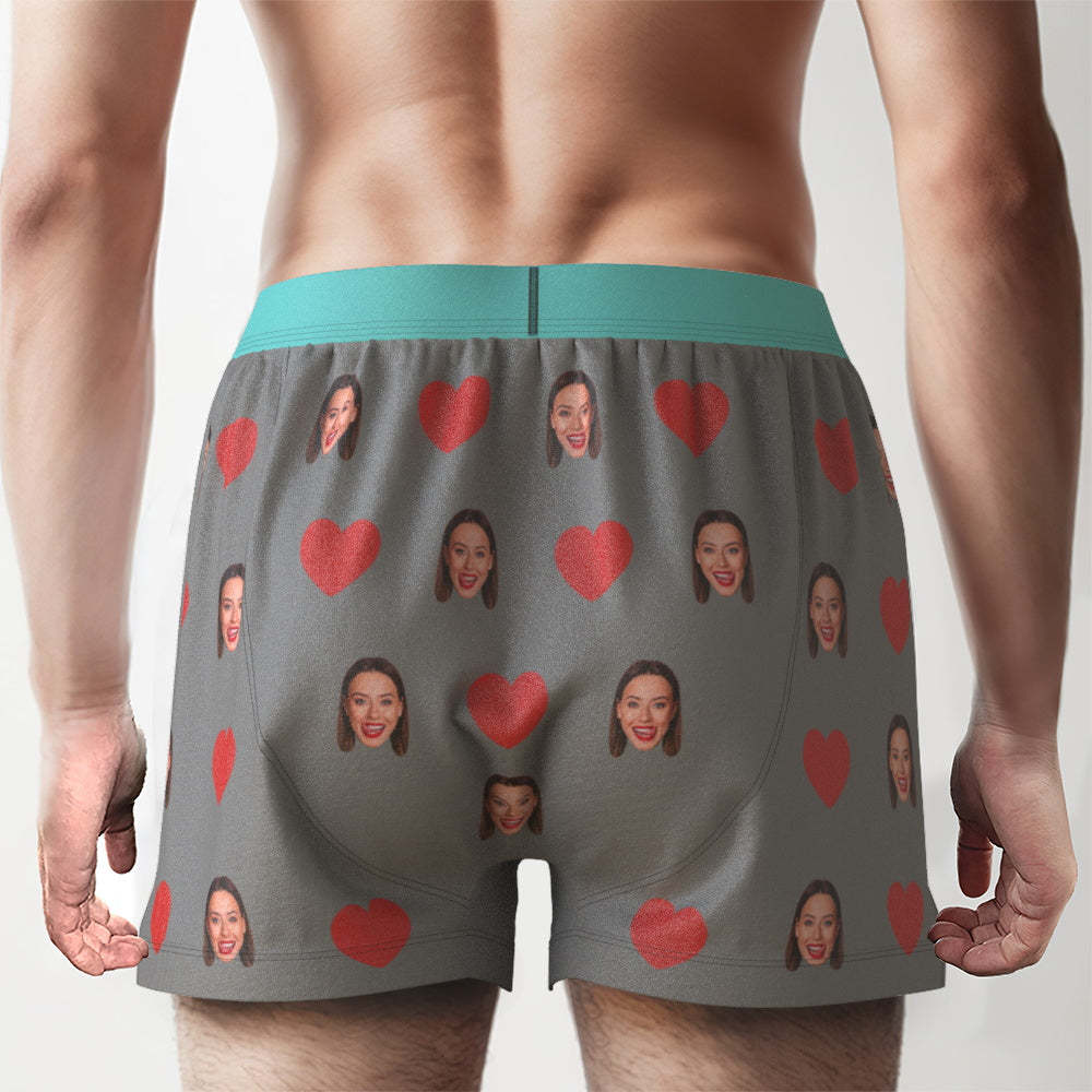 Custom Face Red Heart Design Boxer Shorts with Personalized Text on the Waistband Personalized Underwear for Him - MyFaceBoxer