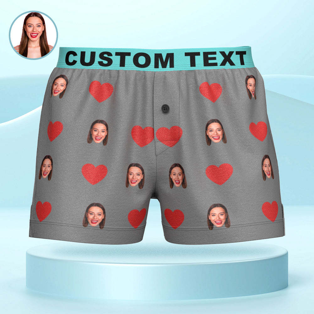 Custom Face Red Heart Design Boxer Shorts with Personalized Text on the Waistband Personalized Underwear for Him - MyFaceBoxer