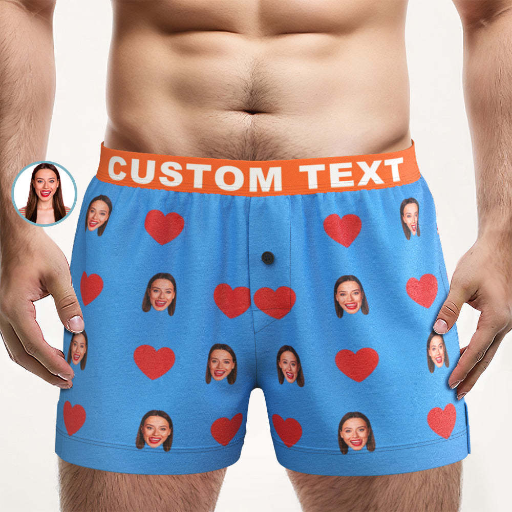 Custom Face Red Heart Design Boxer Shorts with Personalized Text on the Waistband Personalized Underwear for Him - MyFaceBoxer