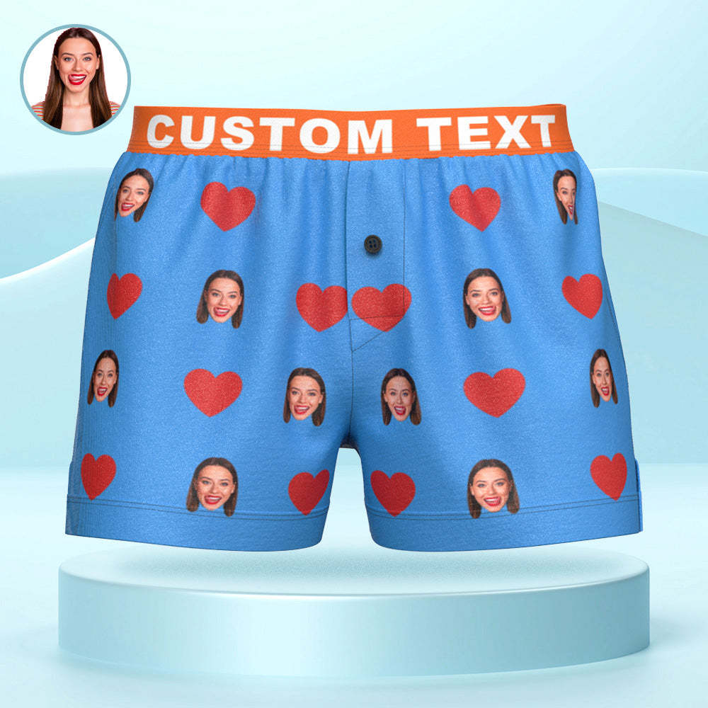 Custom Face Red Heart Design Boxer Shorts with Personalized Text on the Waistband Personalized Underwear for Him - MyFaceBoxer