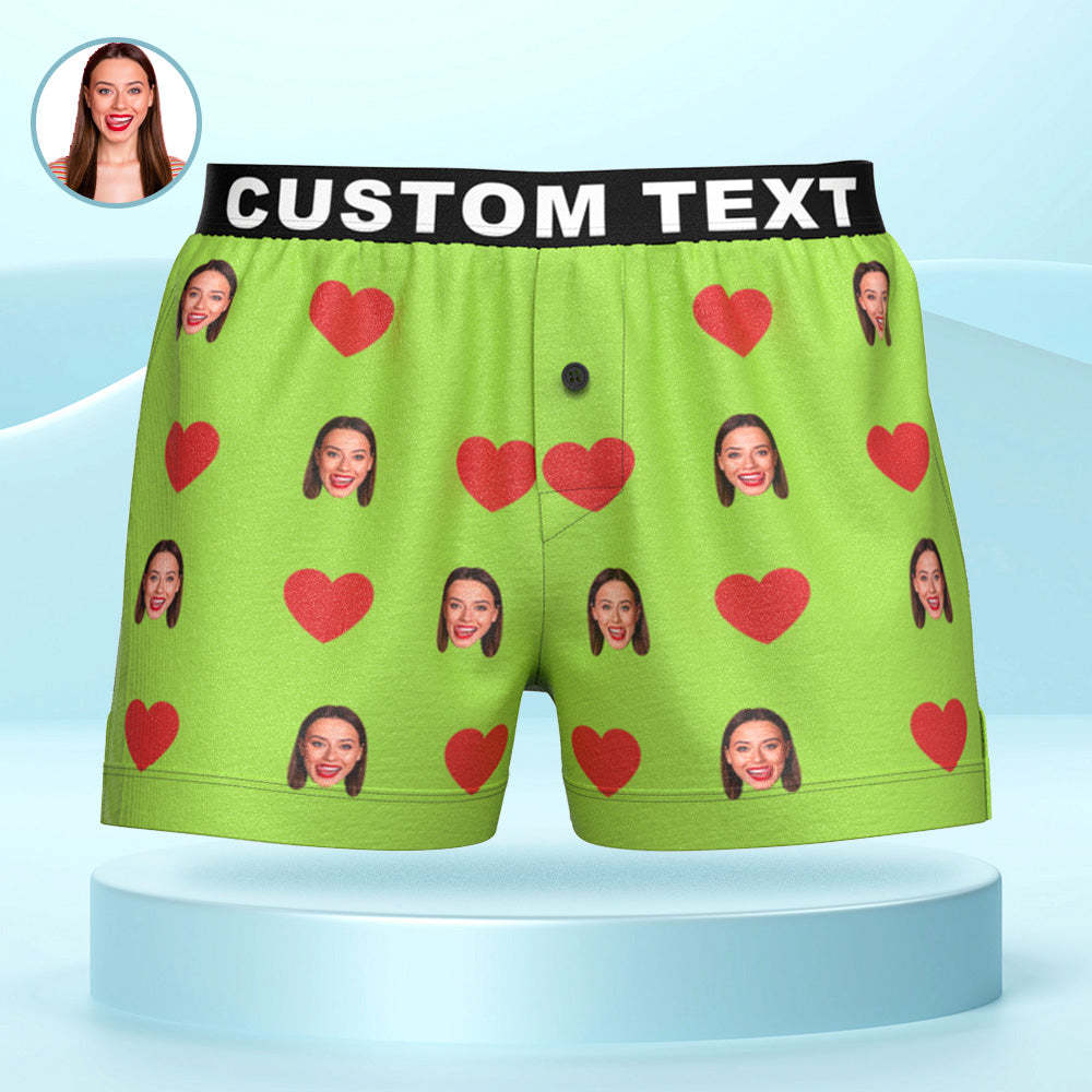 Custom Face Red Heart Design Boxer Shorts with Personalized Text on the Waistband Personalized Underwear for Him - MyFaceBoxer