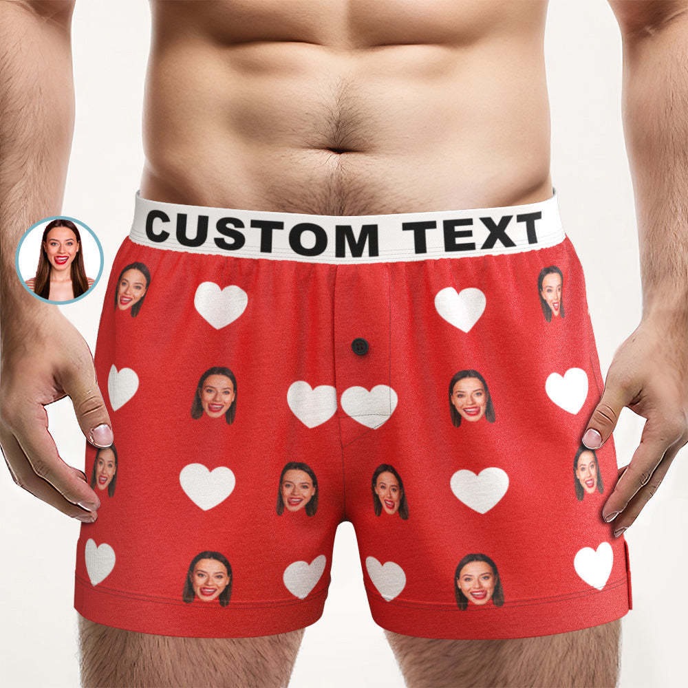 Custom Face Red Heart Design Boxer Shorts with Personalized Text on the Waistband Personalized Underwear for Him - MyFaceBoxer