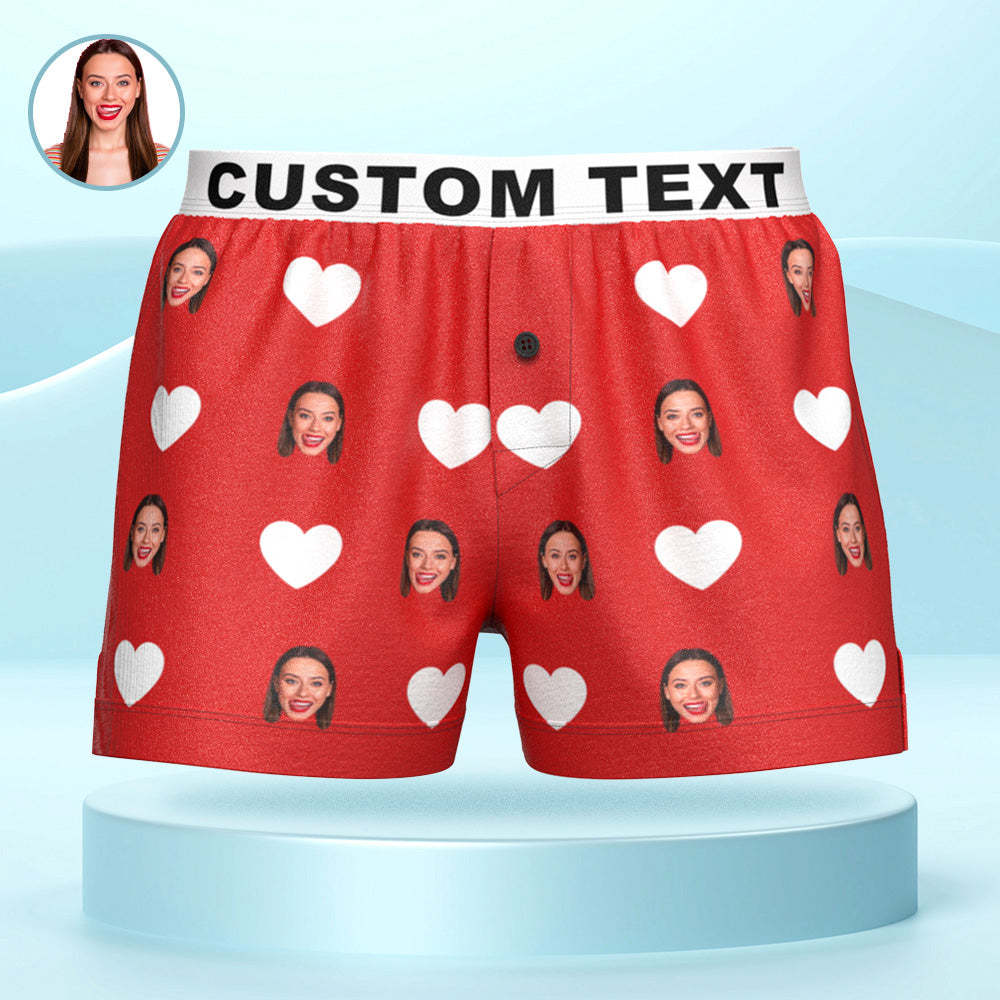 Custom Face Red Heart Design Boxer Shorts with Personalized Text on the Waistband Personalized Underwear for Him - MyFaceBoxer