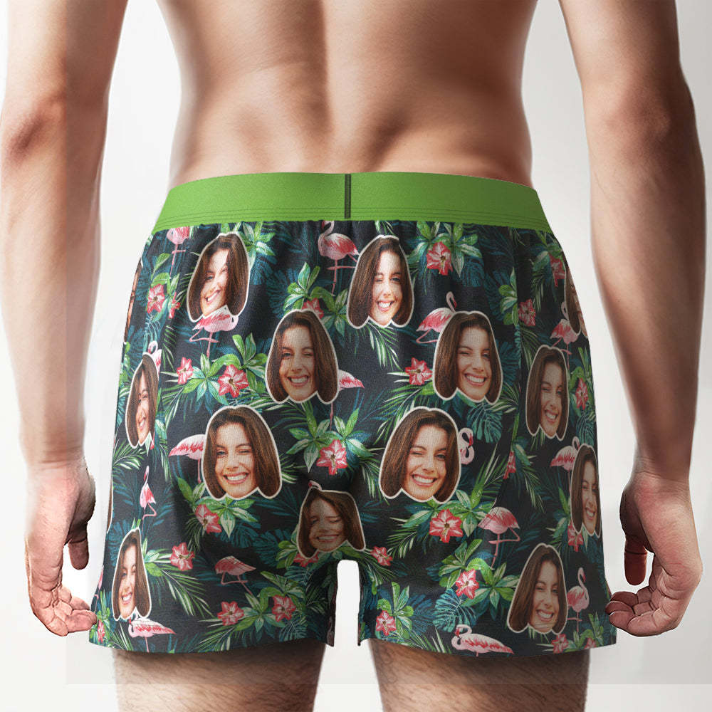 Custom Face Colorful Flamingo Boxer Shorts Personalized Waistband Casual Underwear for Him - MyFaceBoxer