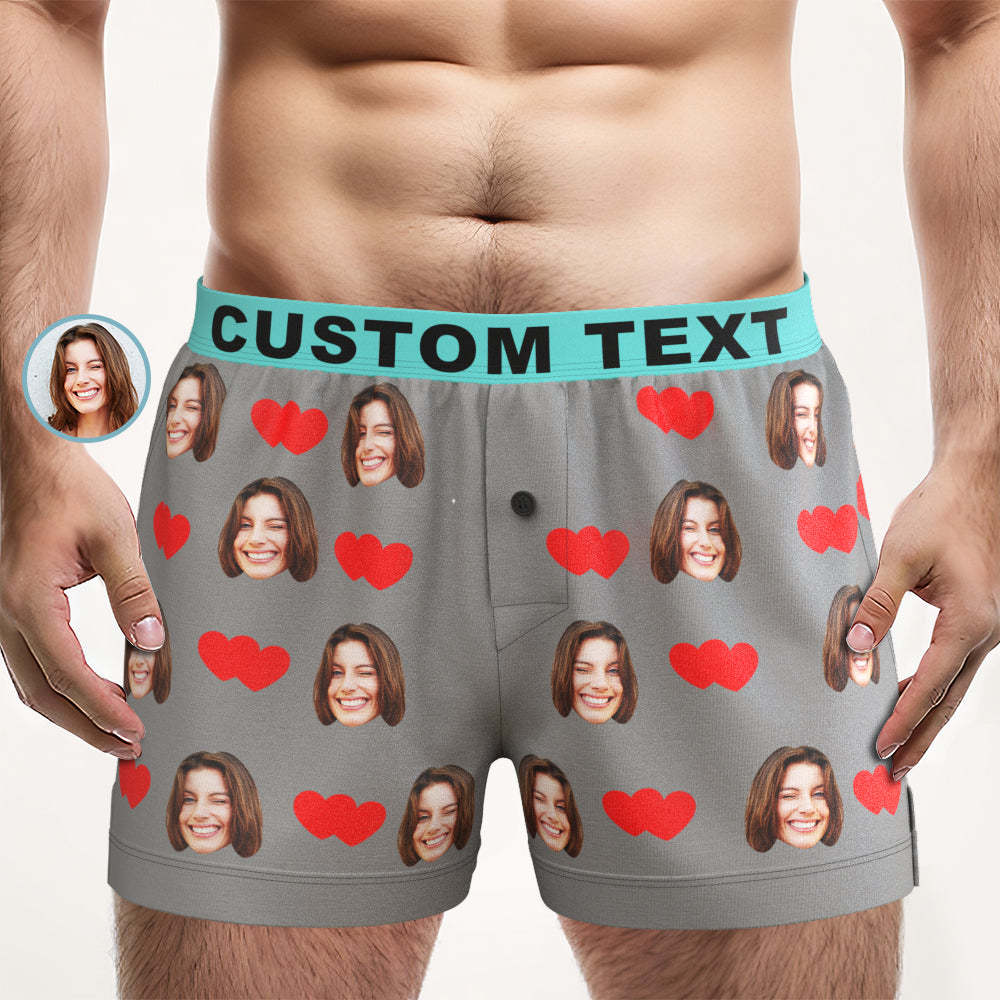 Custom Face Love Hearts Boxer Shorts Personalized Waistband Casual Underwear for Him - MyFaceBoxer