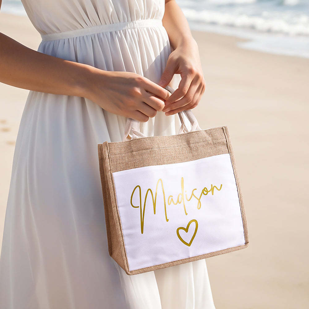 Personalized Jute Tote Bag with Pocket Reusable Beach Travel Accessory Bridal Party Wedding Gift for Her - MyFaceBoxer