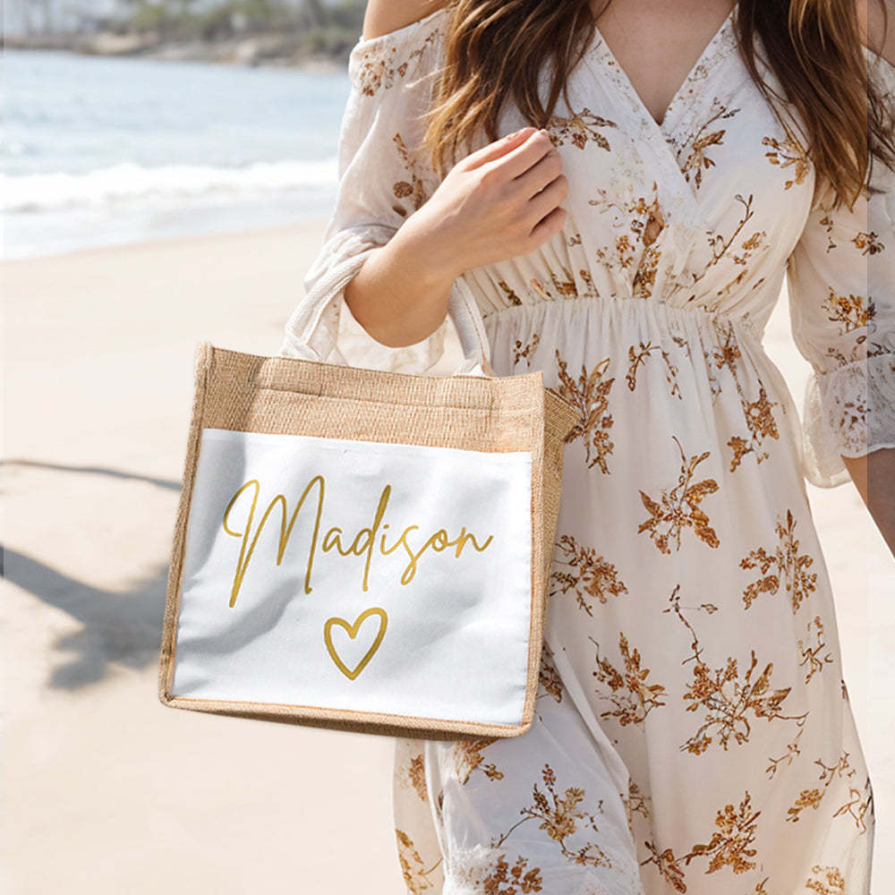 Personalized Jute Tote Bag with Pocket Reusable Beach Travel Accessory Bridal Party Wedding Gift for Her - MyFaceBoxer