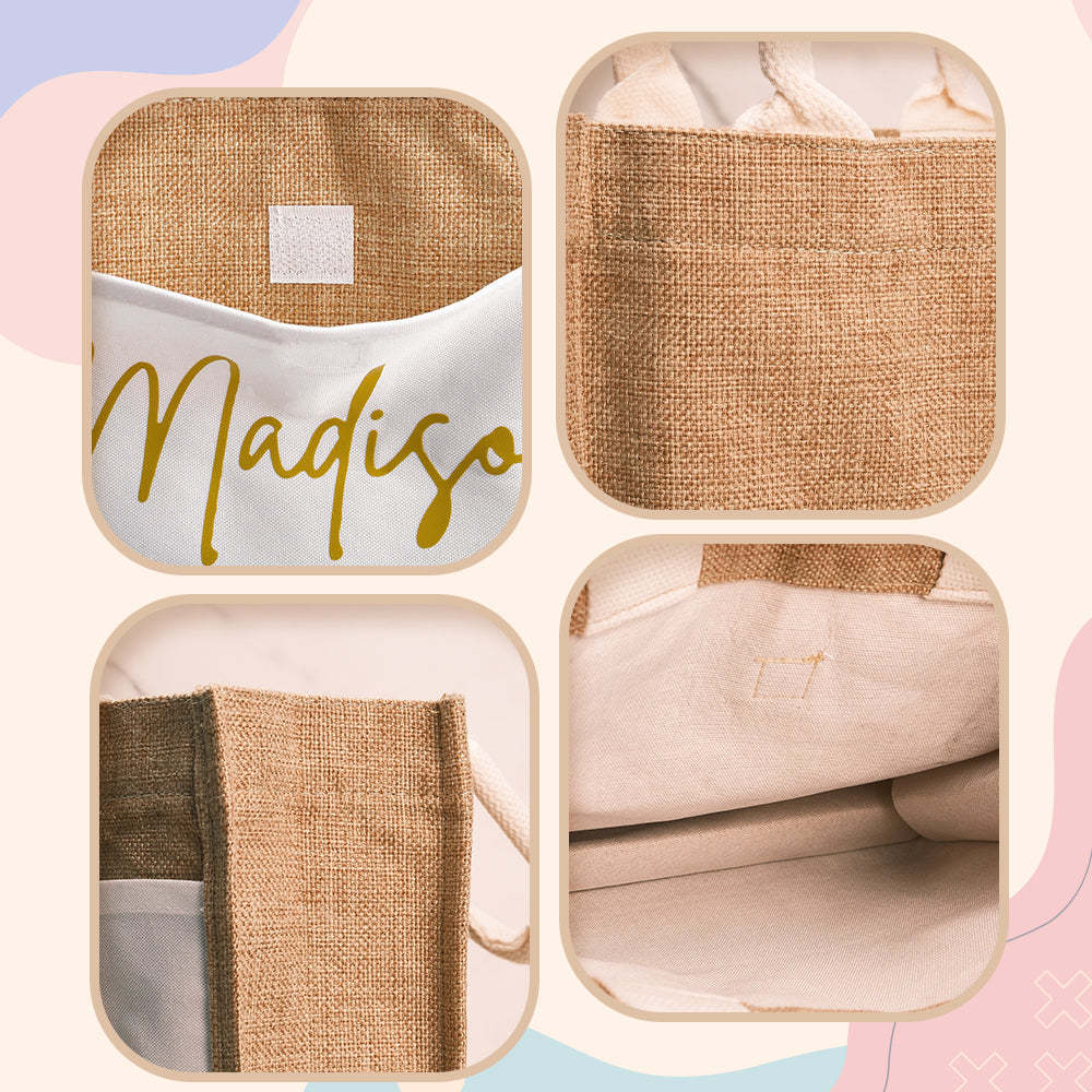 Personalized Jute Tote Bag with Pocket Reusable Beach Travel Accessory Bridal Party Wedding Gift for Her - MyFaceBoxer