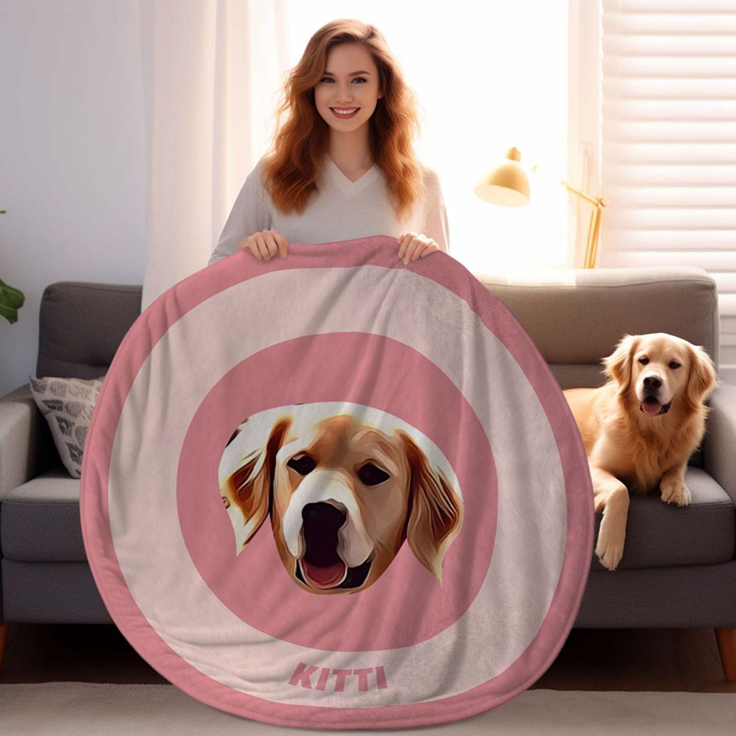 Custom Pet Face Blanket Personalized Round Blanket Gift for Pet Lover - Red & Green - MyFaceBoxer