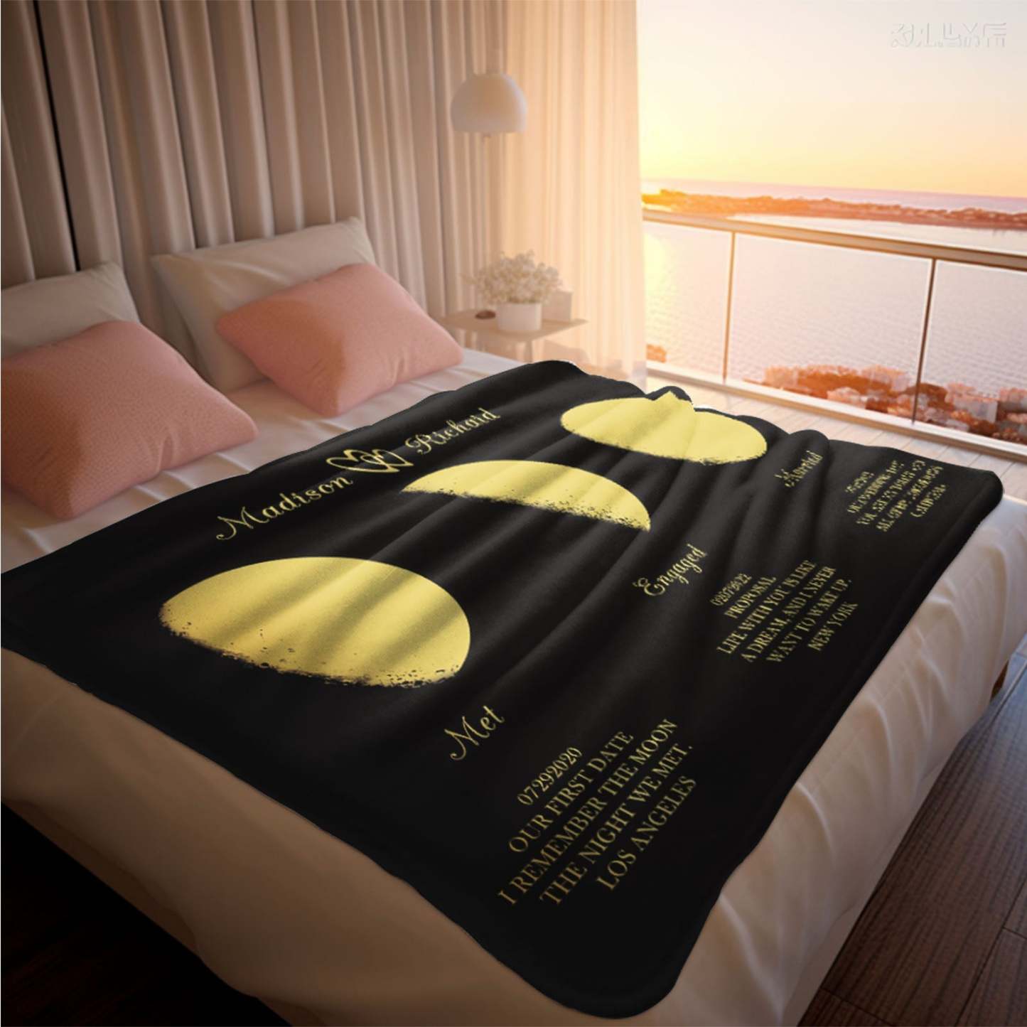 Custom Moon Phase Blanket Three Moon Personalized Names Anniversary Gifts for Her - MyFaceBoxer