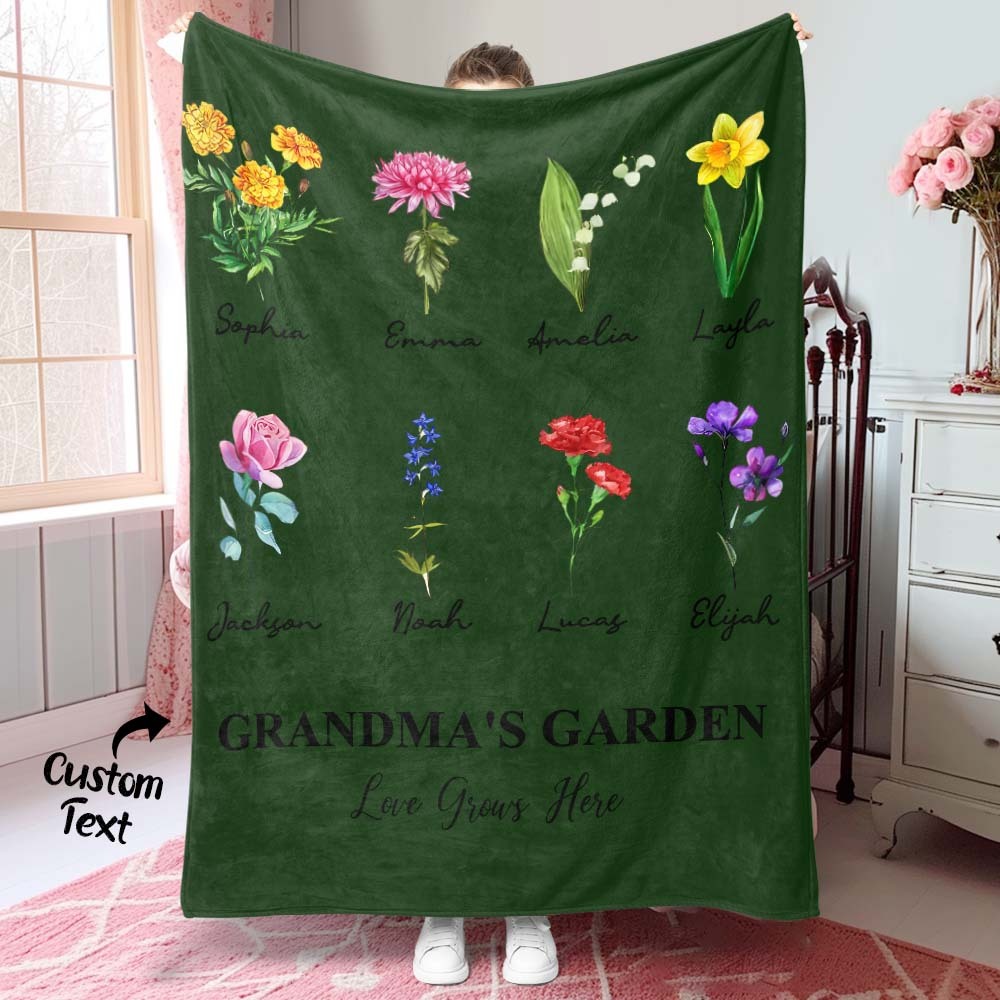 Custom Birth Month Flower Blanket With 1-8 Names Thoughtful Gift For Mother Grandma - MyFaceBoxer