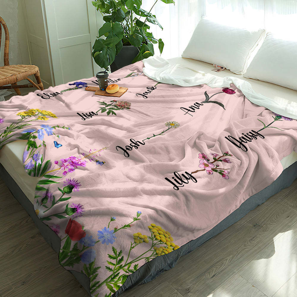 Personalized Birth Month Flower Blanket With Names Beautiful Gift For Grandma Mother - MyFaceBoxer