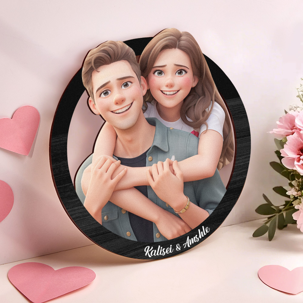 Couple Gifts for Valentine Custom Photo 3D Cartoon Portrait Gift Photo Frame, Cartoon Style 3D Photo Wooden Frame Sign, Wedding Anniversary Gift - MyFaceBoxer