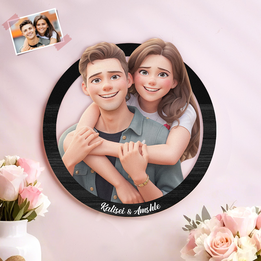 Couple Gifts for Valentine Custom Photo 3D Cartoon Portrait Gift Photo Frame, Cartoon Style 3D Photo Wooden Frame Sign, Wedding Anniversary Gift - MyFaceBoxer