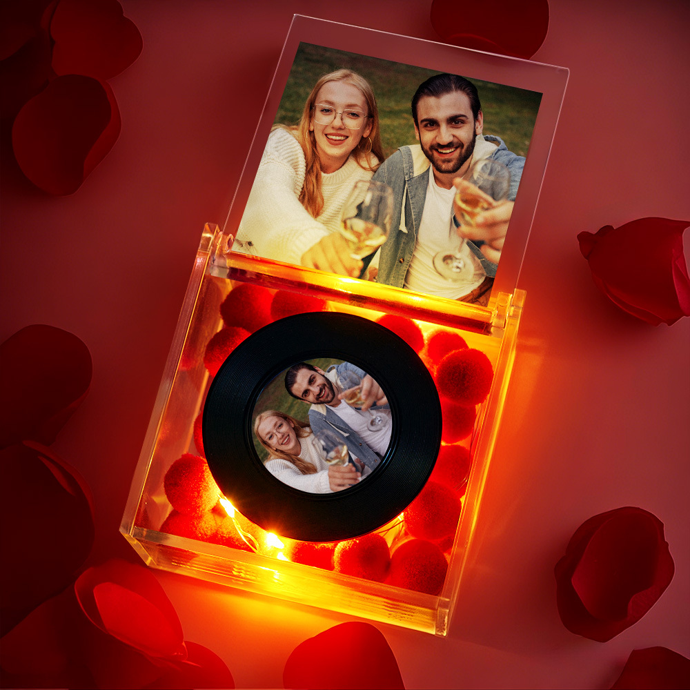 Custom Mini Vinyl Record Player with Auto-Play USB Charging Feature Photo and Romantic Warm Light - MyFaceBoxer