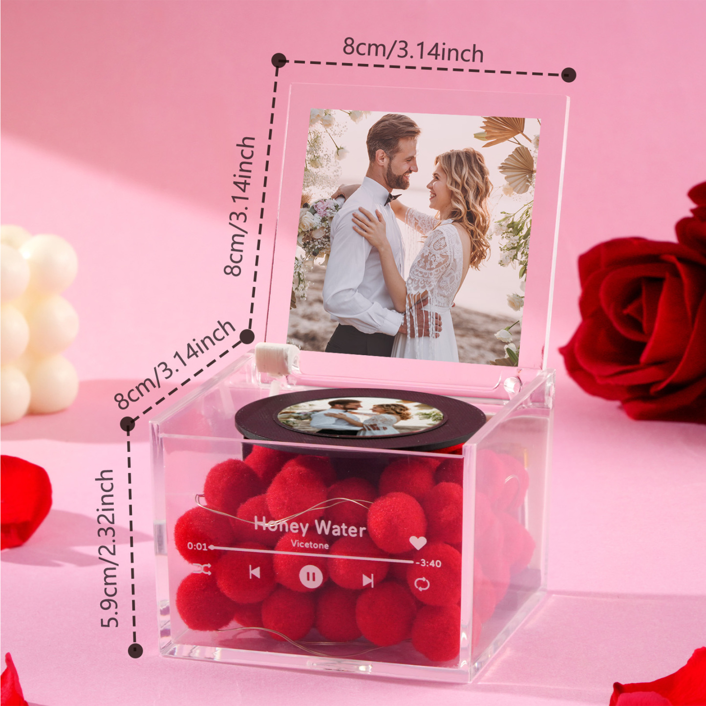 Custom Mini Vinyl Record Player Custom Red Heart Flower Style Photo Engraved Anniversary Gift for Couples - MyFaceBoxer