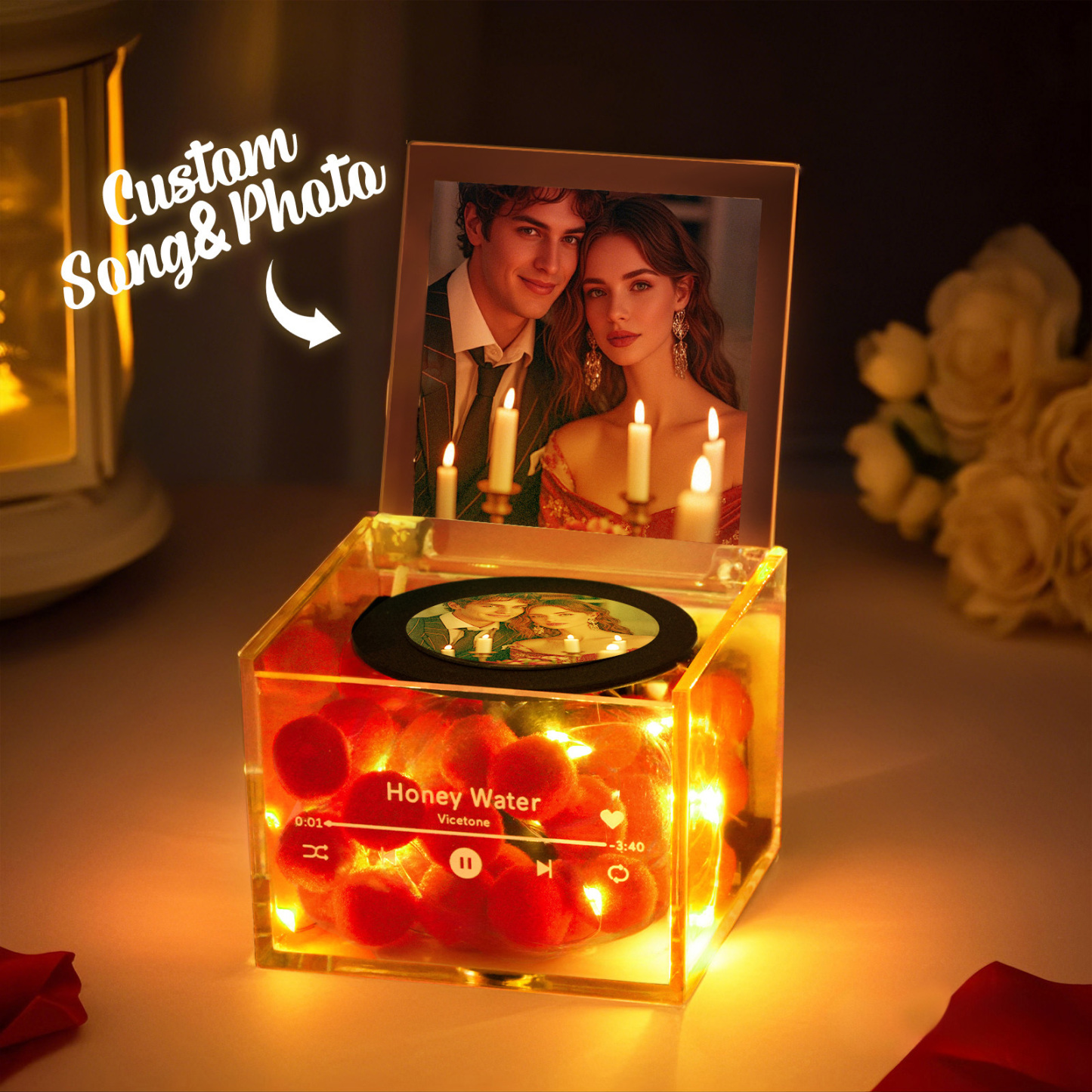 Custom Mini Vinyl Record Player Custom Red Heart Flower Style Photo Engraved Anniversary Gift for Couples - MyFaceBoxer