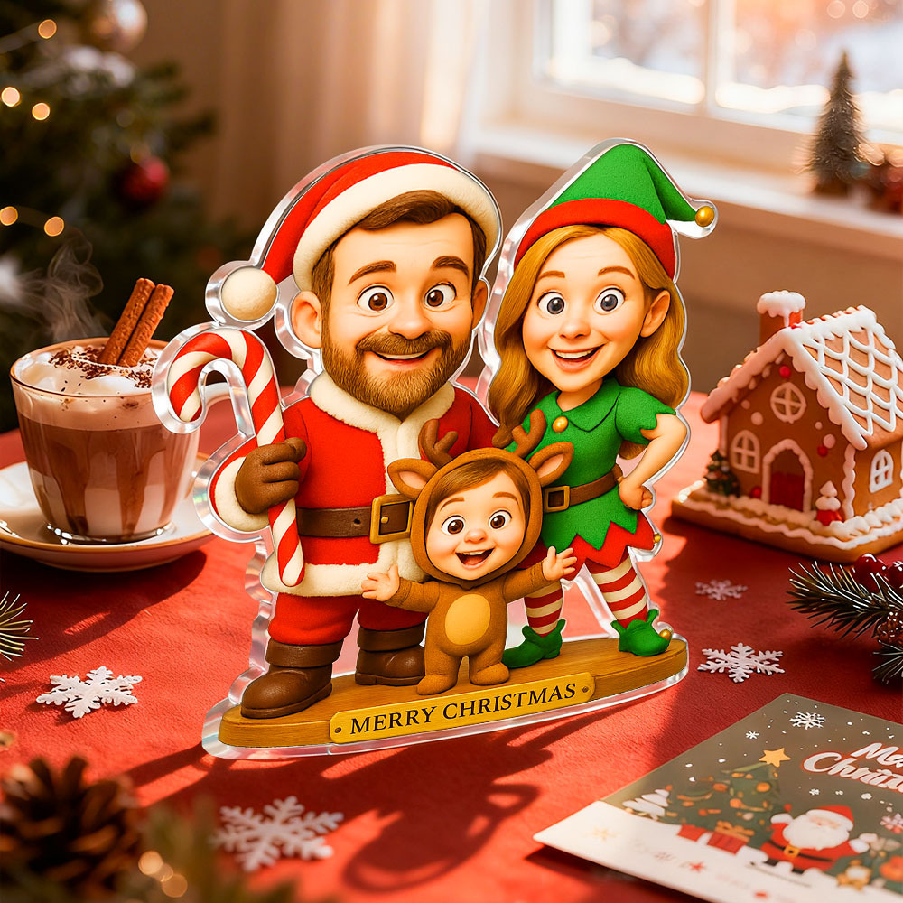 Personalized Family Christmas Caricature Portrait Acrylic Plaque 2D Look 3D Pop
