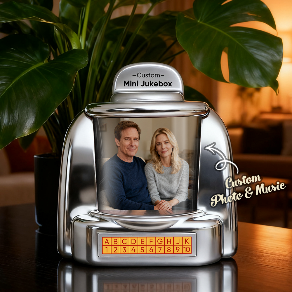 Custom Mini Jukebox Retro Speaker – Personalized Photo Music Mini Player with Radio | Vintage Tabletop Home Decor Nostalgic Gift