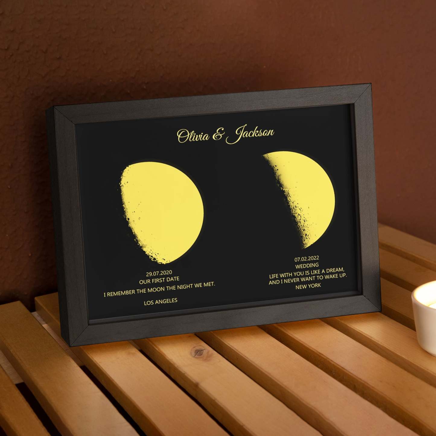 Custom Moon Phase and Names Wooden Frame with Personalized Text Gold Moon - MyFaceBoxer
