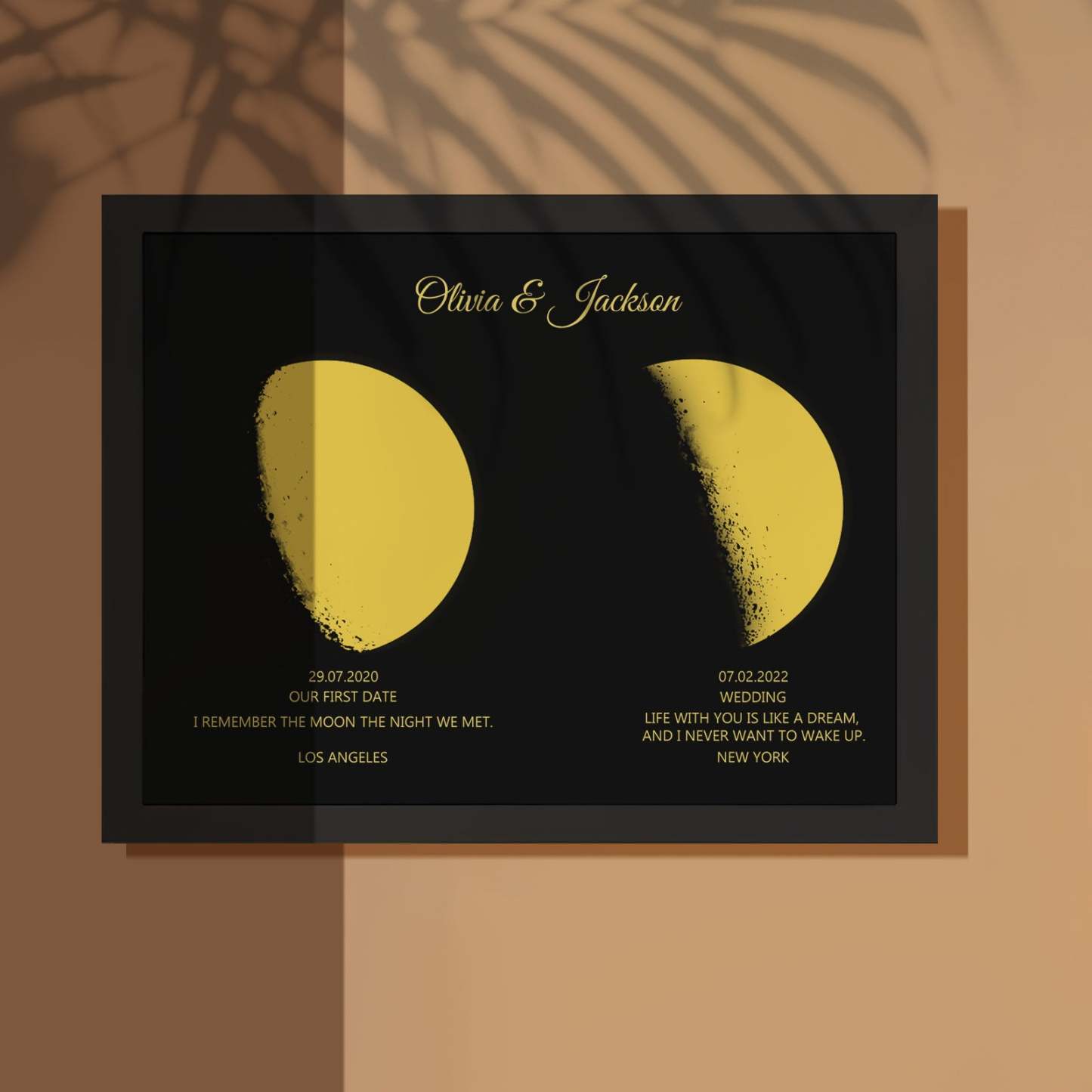 Custom Moon Phase and Names Wooden Frame with Personalized Text Gold Moon - MyFaceBoxer
