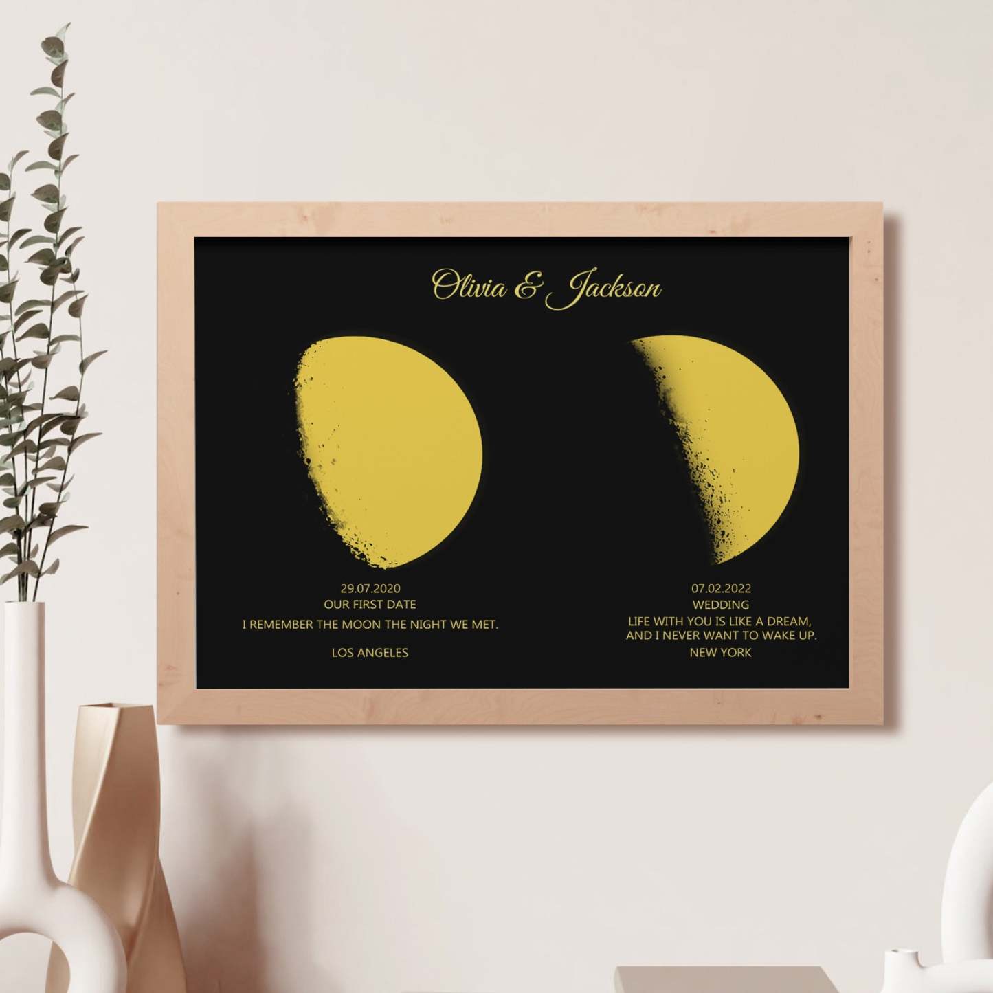 Custom Moon Phase and Names Wooden Frame with Personalized Text Gold Moon - MyFaceBoxer