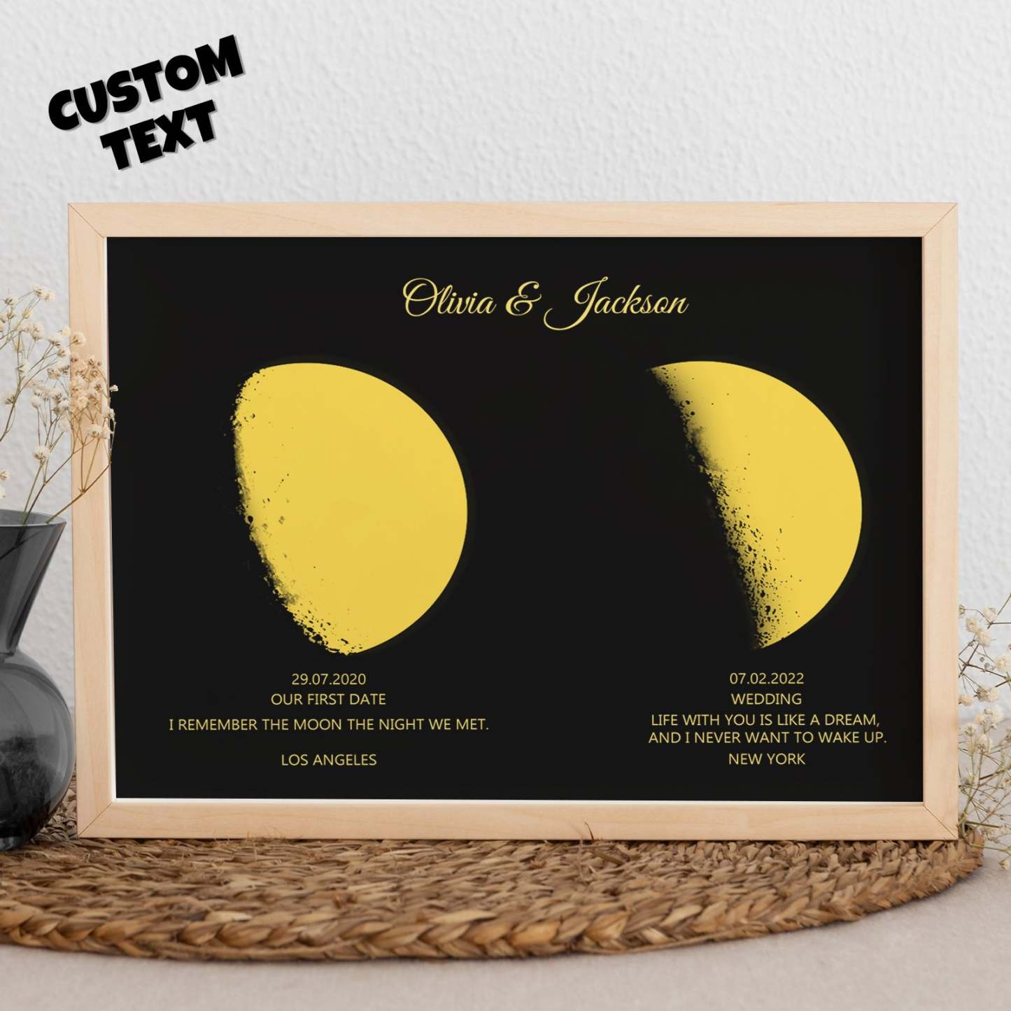 Custom Moon Phase and Names Wooden Frame with Personalized Text Gold Moon - MyFaceBoxer