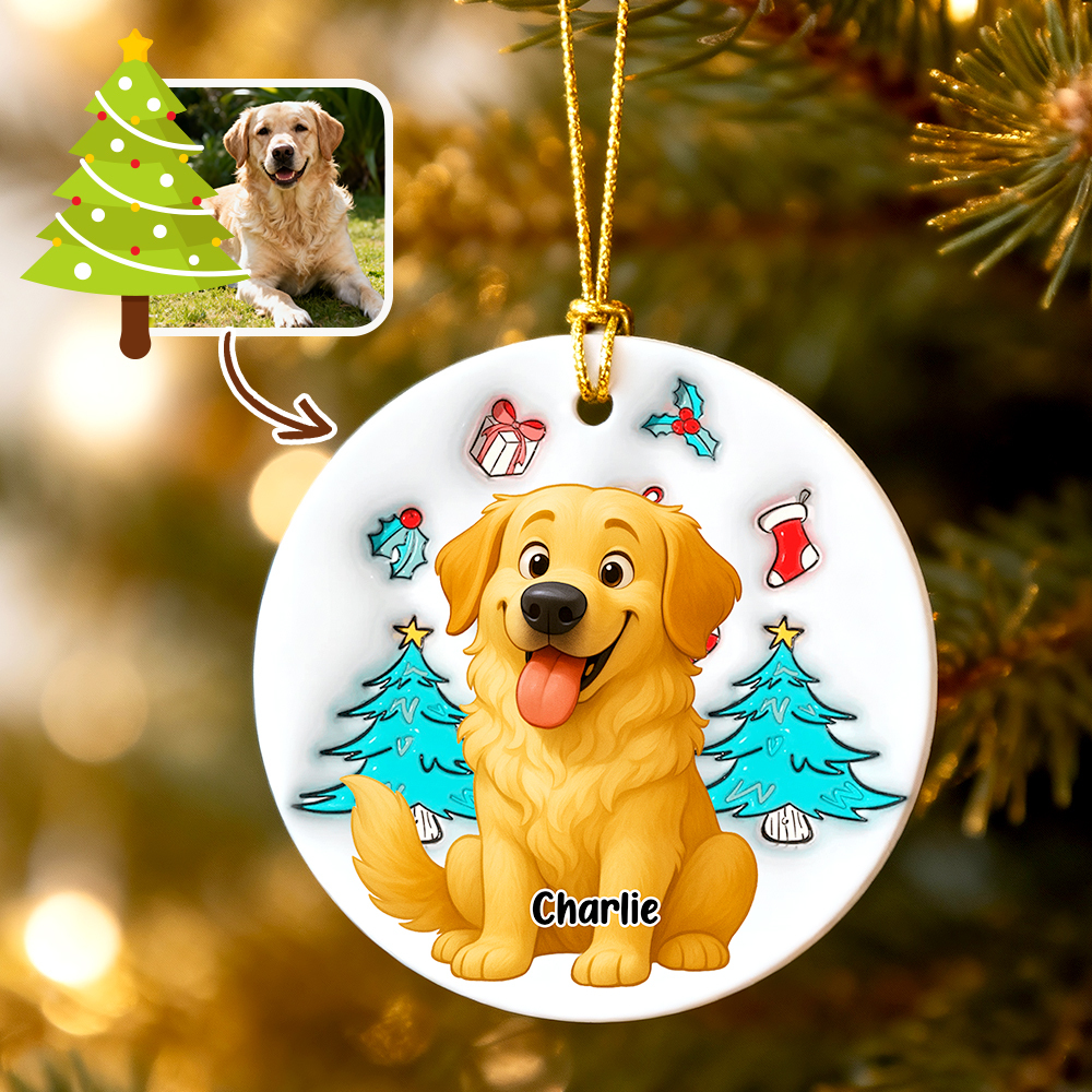 Ceramic Ornament with Custom Photo Cartoon Dog and Christmas Theme, High Clarity, Fun Gift for Pet Lovers