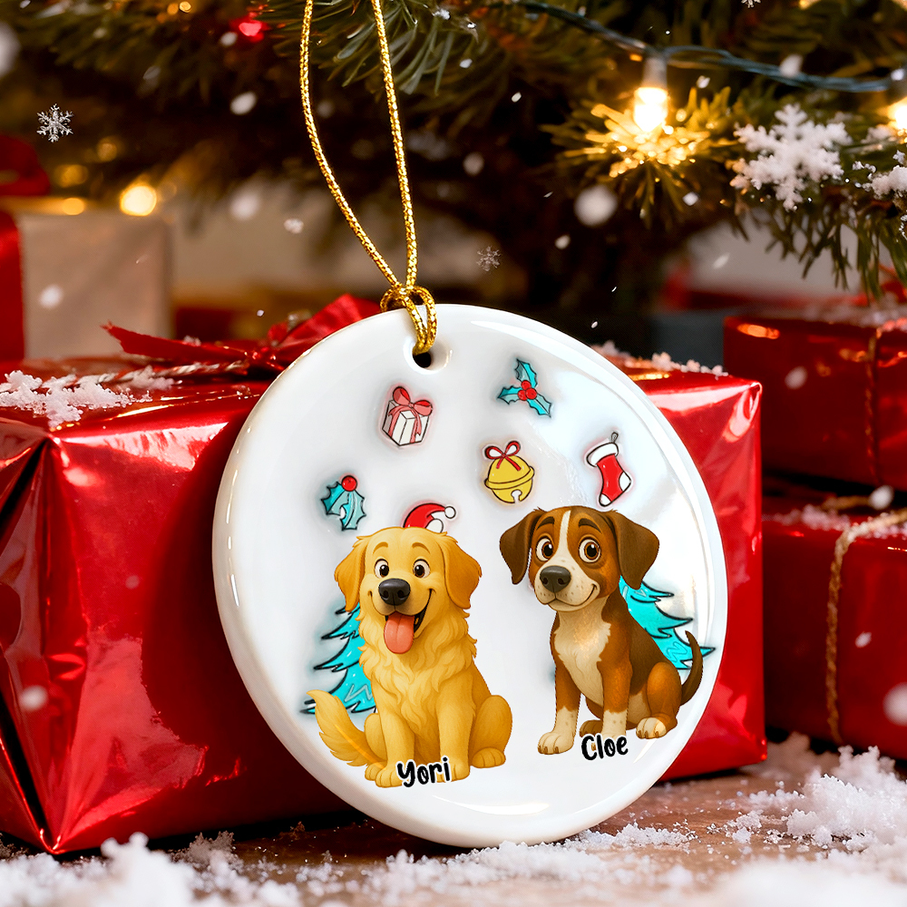 Ceramic Ornament with Custom Photo Cartoon Dog and Christmas Theme, High Clarity, Fun Gift for Pet Lovers