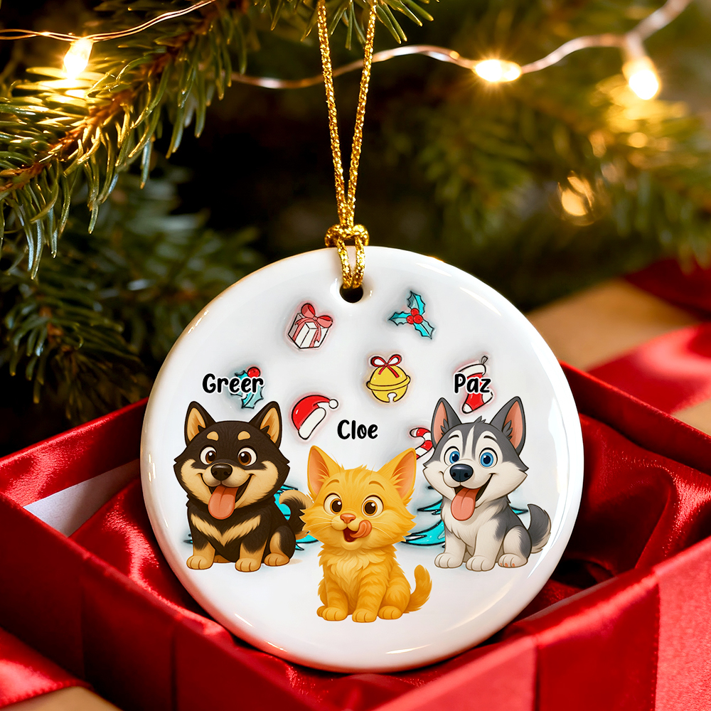 Ceramic Ornament with Custom Photo Cartoon Dog and Christmas Theme, High Clarity, Fun Gift for Pet Lovers