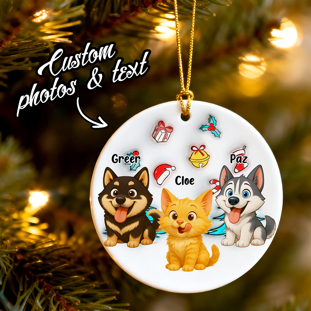 Ceramic Ornament with Custom Photo Cartoon Dog and Christmas Theme, High Clarity, Fun Gift for Pet Lovers