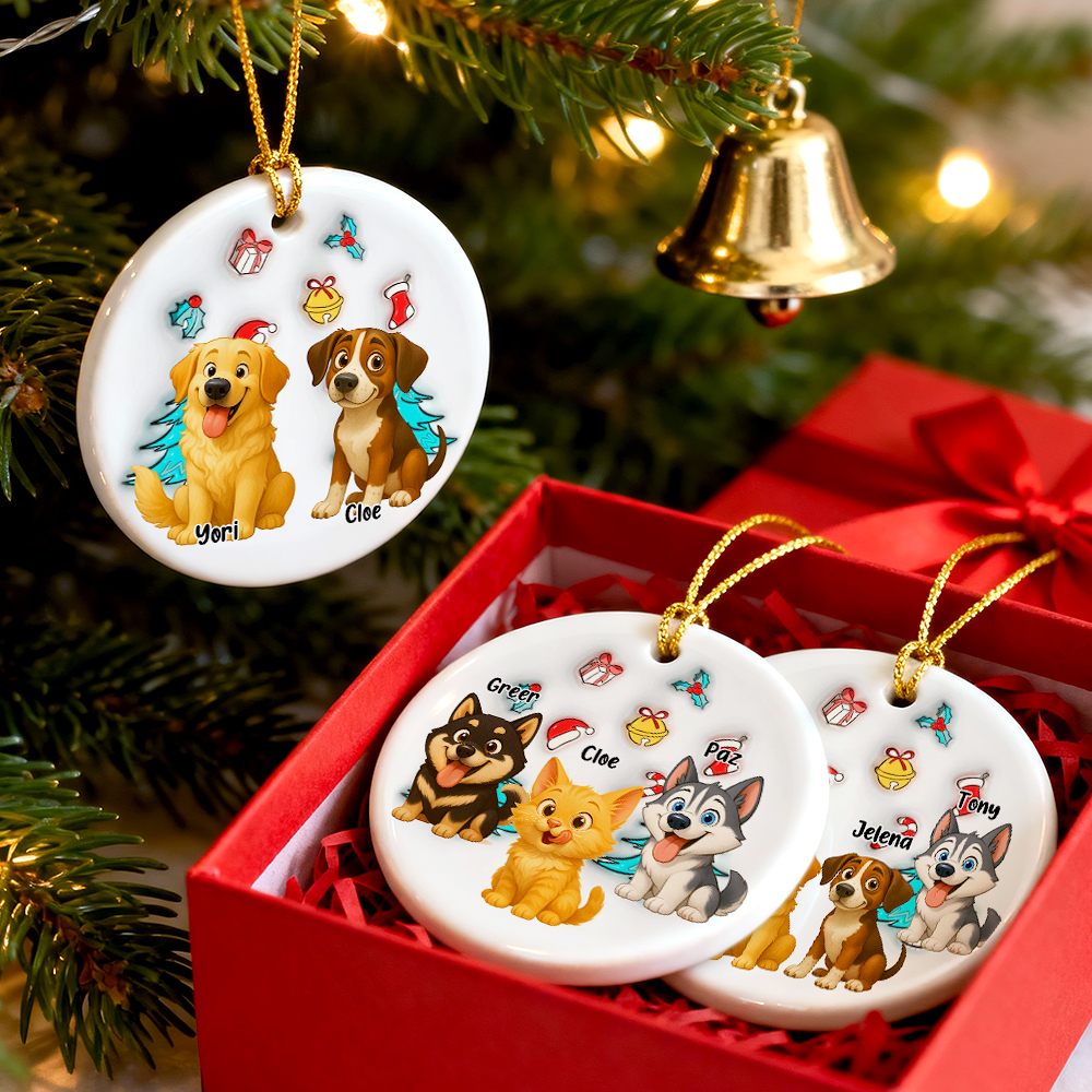 Ceramic Ornament with Custom Photo Cartoon Dog and Christmas Theme, High Clarity, Fun Gift for Pet Lovers