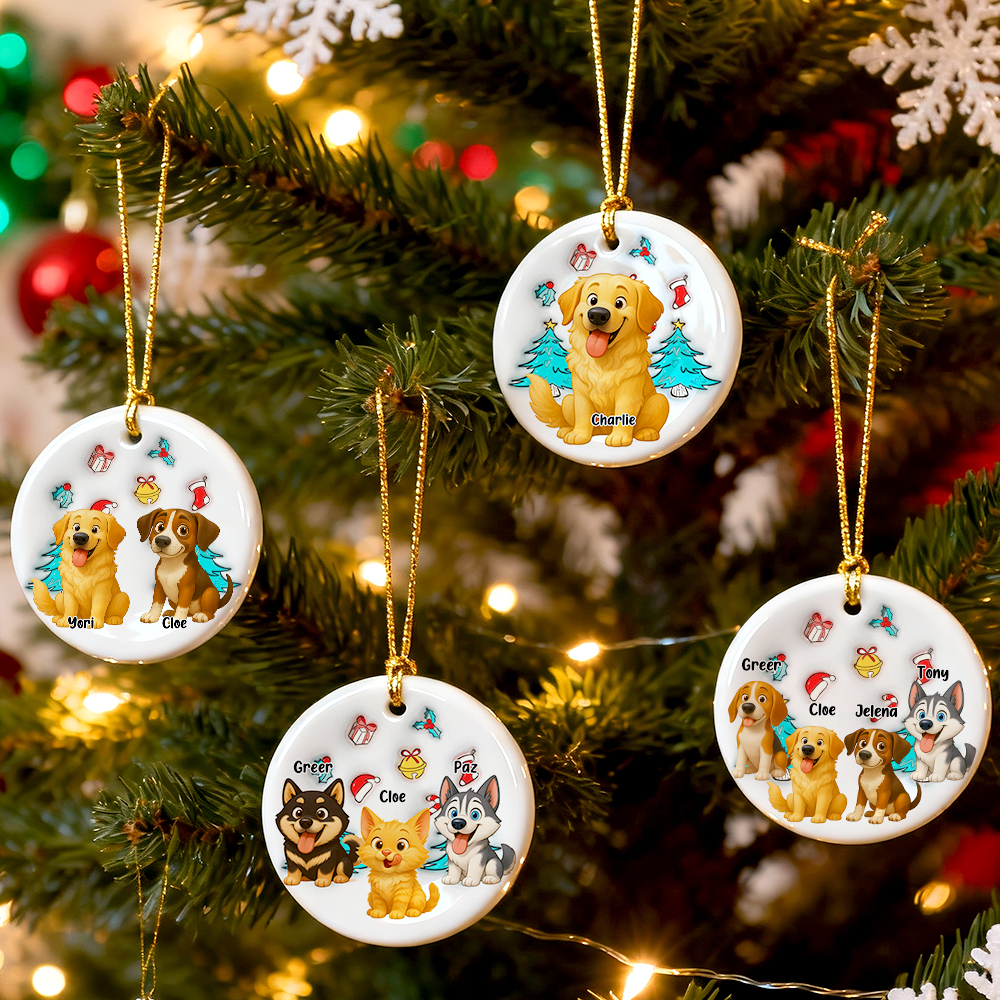 Ceramic Ornament with Custom Photo Cartoon Dog and Christmas Theme, High Clarity, Fun Gift for Pet Lovers