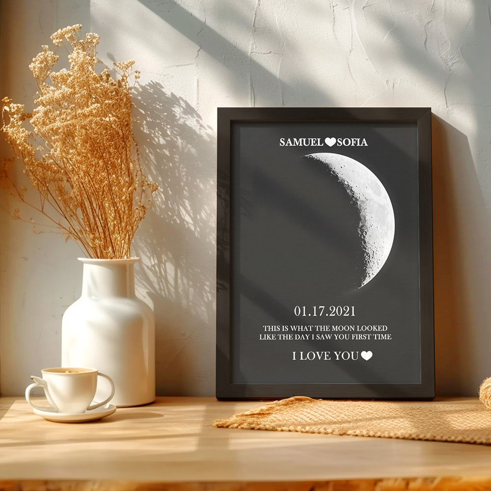 Custom Silver Moon Phase and Names Wooden Frame with Your Text Custom Couple Art Frame Best Valentine's Day Gift - MyFaceBoxer