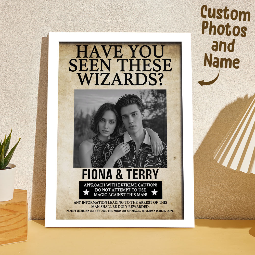 Custom "Have You Seen This Wizard?" Wanted Poster Frame Personalized Couple Photo and Name & House Styles